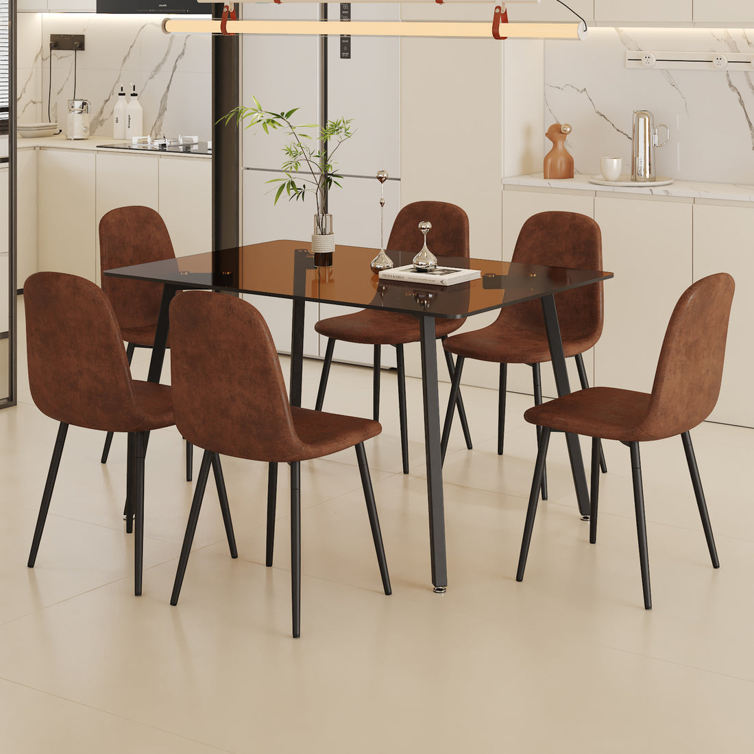 Table And Chair Set.Large Modern Rectangular Table With Brown Glass Top And Silver Metal Legs. Paired With 6 Brown Chairs With Soft Linen Fabric Cushions And Black Metal Legs. Brown,Silver Seats 6 Glass Metal