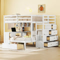 Full Over Twin Bunk Bed With Desk, Drawers And Shelves, White White Solid Wood