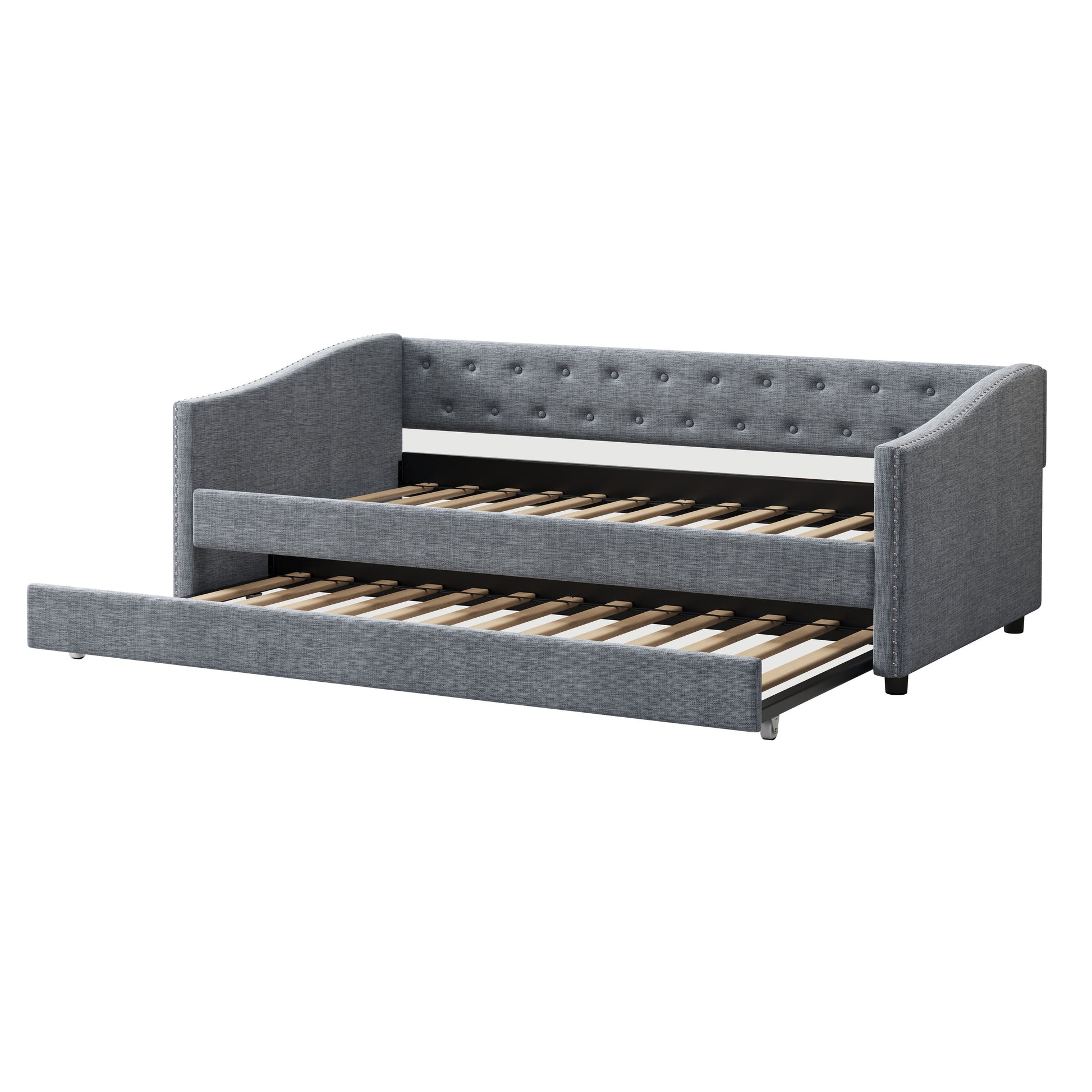 Twin Size Daybed With Twin Size Trundle Upholstered Tufted Sofa Bed, With Button On Back And Copper Nail On Waved Shape Arms Light Grey Twin Light Grey Wood Fabric