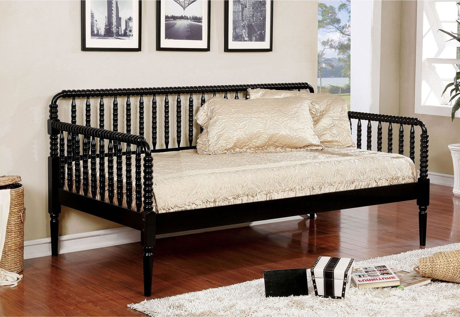 Black Wooden Twin Day Bed Unique Design Railing Headboard Platform Bed 1Pc Day Bed W Trundle Twin Black Wood Bedroom Antique,Classic,Traditional Solid Wood