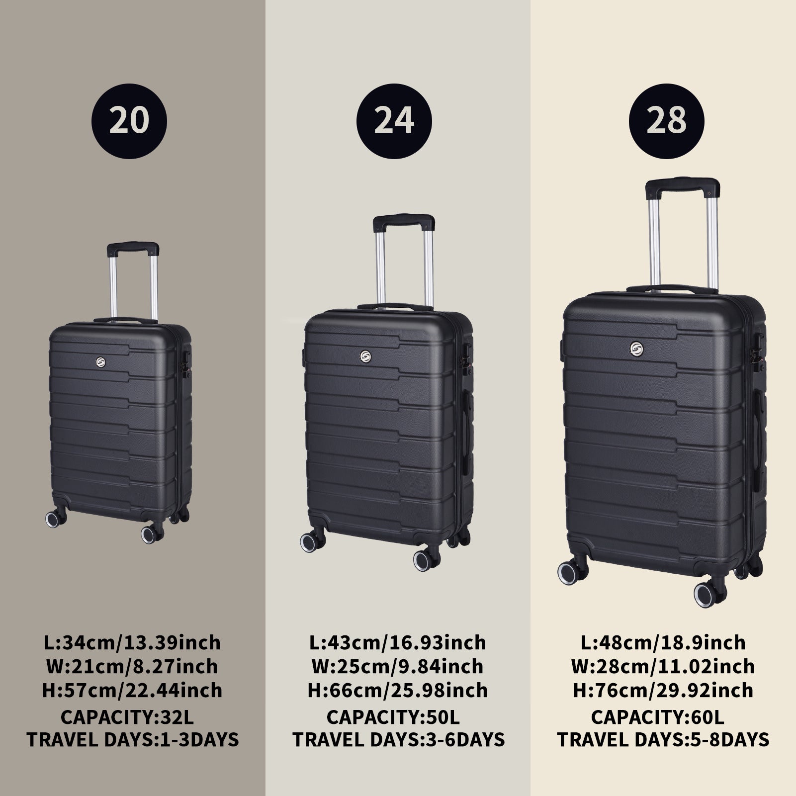 Luggage Suitcase 3 Piece Sets Hardside Carry On Luggage With Spinner Wheels 20" 24" 28" Black Abs