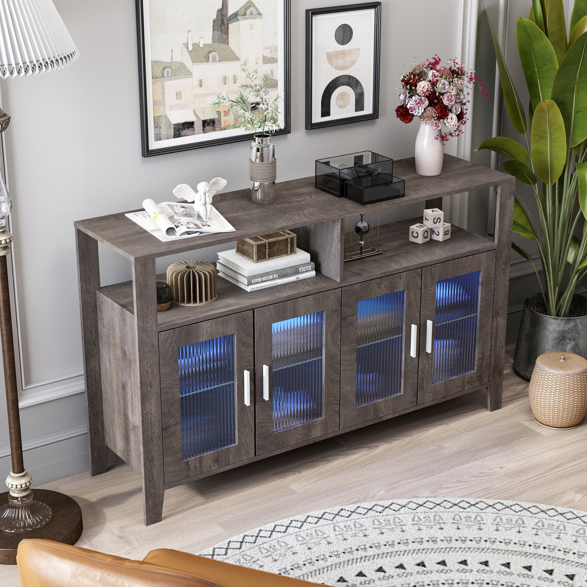 Drawerdresser Cabinet,Barcabinet,Buffetsideboard,Storagecabinet,Buffet Server Console Tablestorge,Changhong Glass Door,Toughened Glass Shelf,Fordining Room,Living Room,Kitchenhallway,Color:Gray 5 Or More Spaces Gray Primary Living Space Built In Lighting