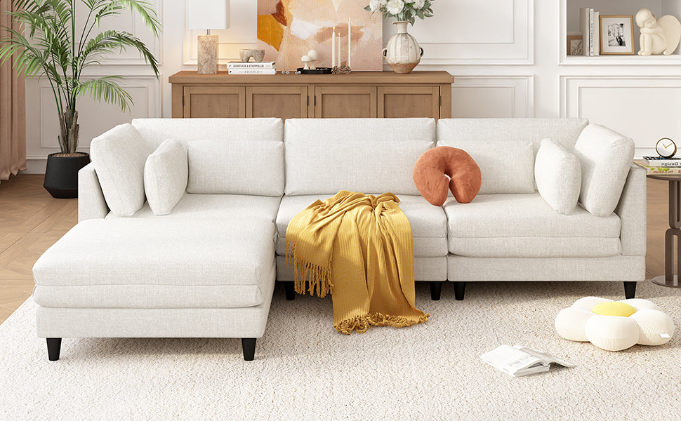Modern Modular Sectional Sofa With Movable Ottoman, 110 Inch 4 Seat Sofa Set With 5 Pillows, Unique Piping Stitch Design, Convertible L Shaped Sofa For Living Room, Office & Spacious Rooms Beige