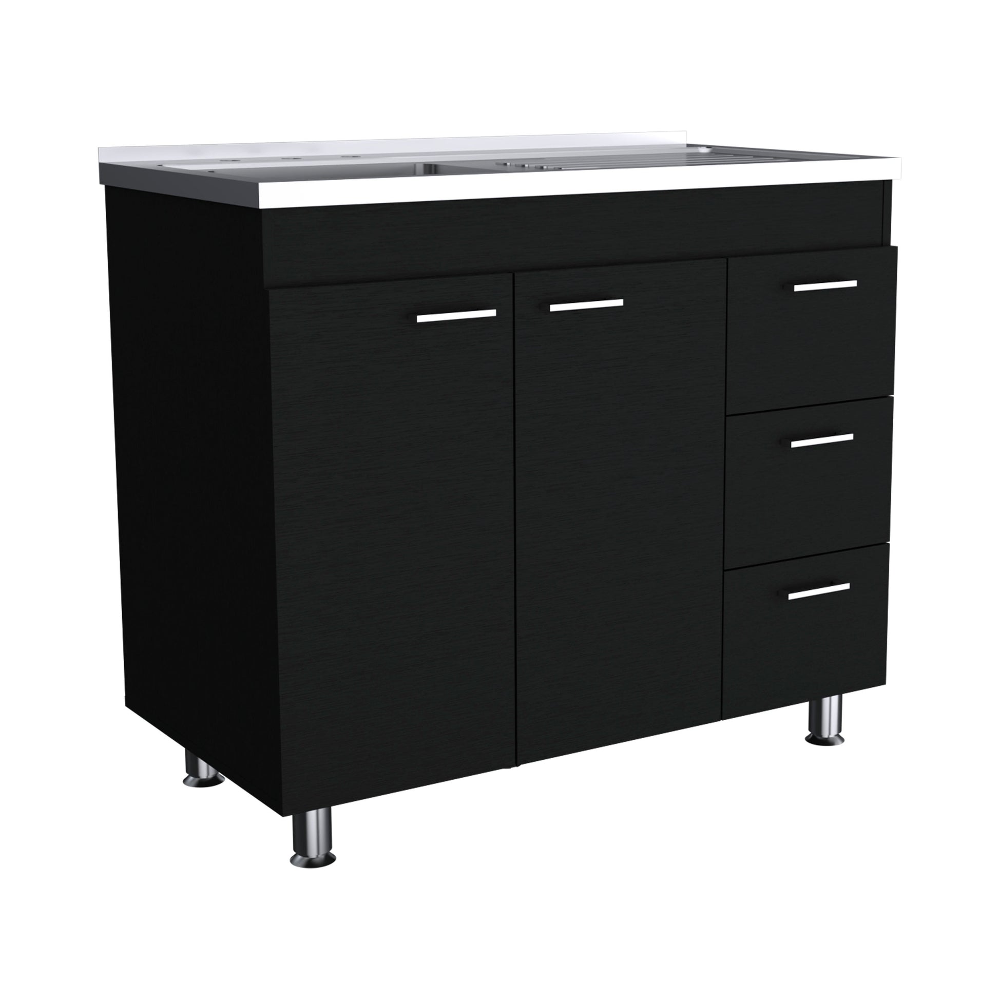 Ferretti Utility Sink With Three Drawers And Double Door Cabinet Black Black Kitchen Modern Particle Board