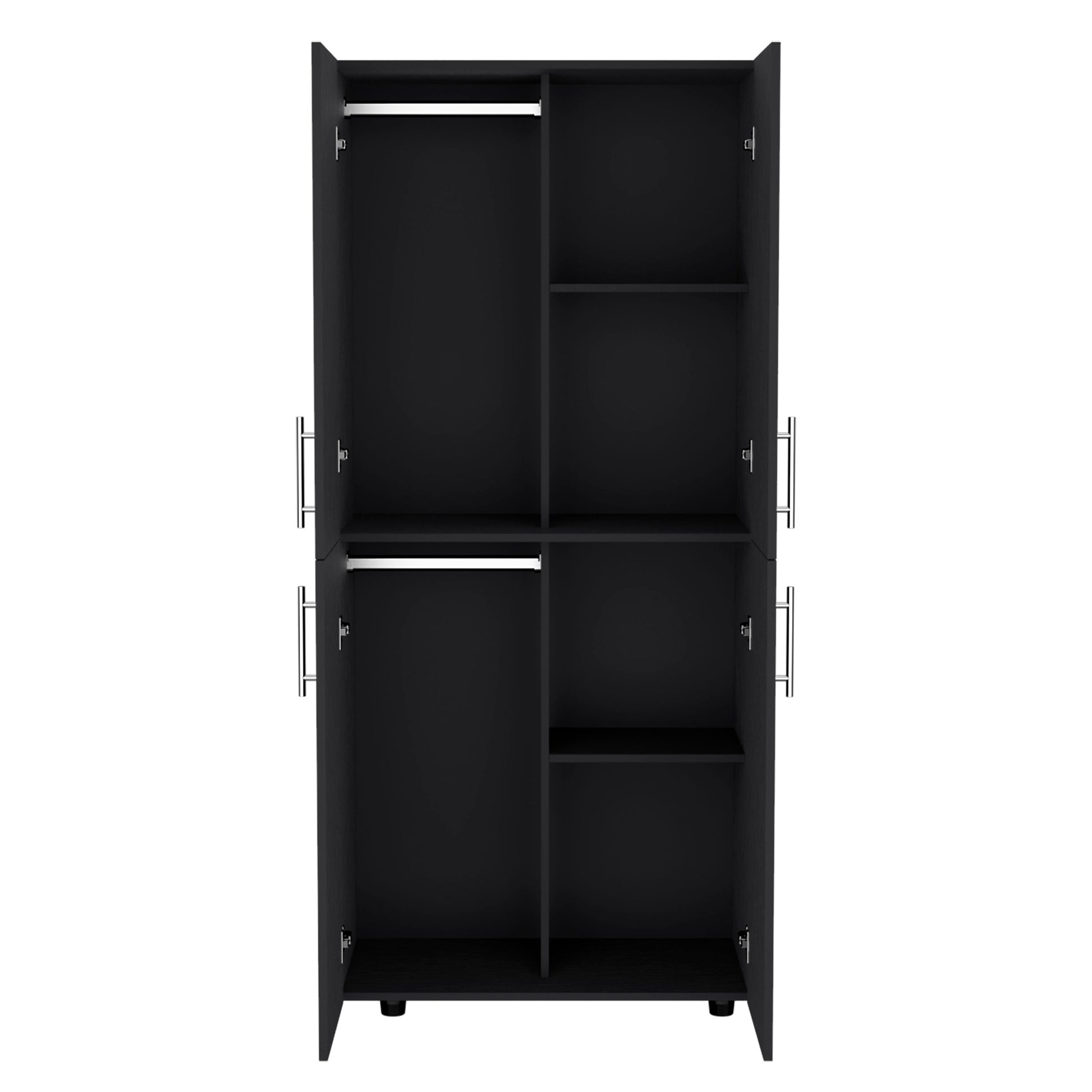 Armoire Wardrove 70" H, Double Doors, 6 Shelves, 2 Hanging Rods, Black Black Solid Wood Mdf Engineered Wood