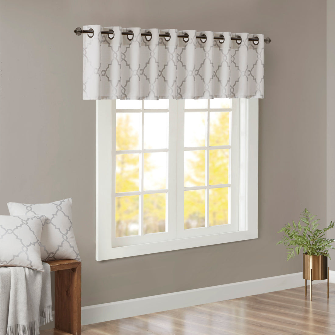 Fretwork Print Grommet Top Window Valance Ivory Grey 50X18" Ivory Grey Polyester