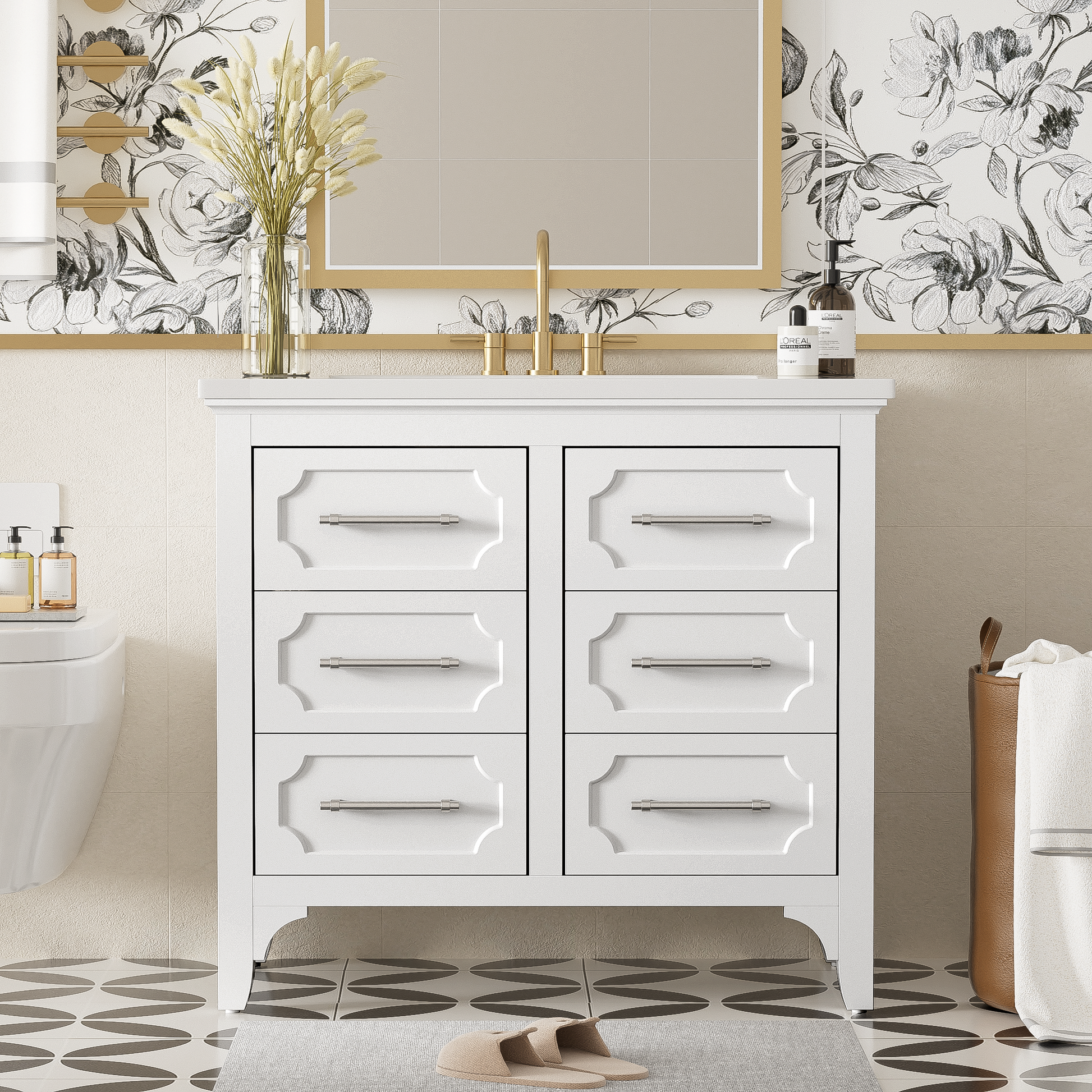 36'' Bathroom Vanity With Resin Sink Combo, Free Standing Single Vanity Set With Four Drawers, Solid Wood Frame Bathroom Storage Cabinet 4 White Bathroom Solid Wood Mdf Resin Painted