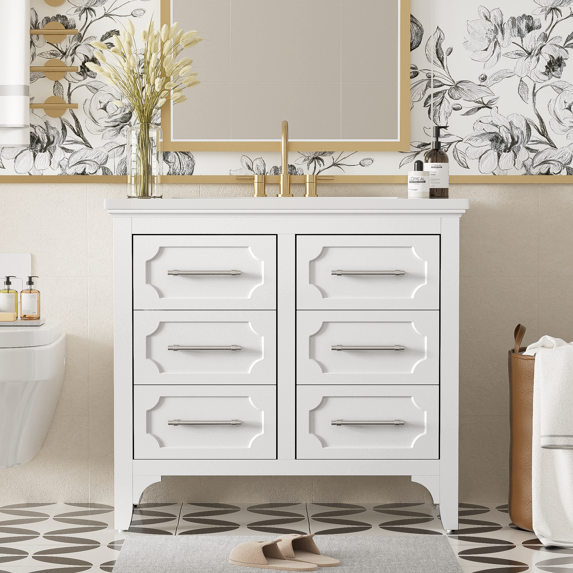 36'' Bathroom Vanity With Resin Sink Combo, Free Standing Single Vanity Set With Four Drawers, Solid Wood Frame Bathroom Storage Cabinet Same As Sw000128Aak White Bathroom Modern Solid Wood Mdf