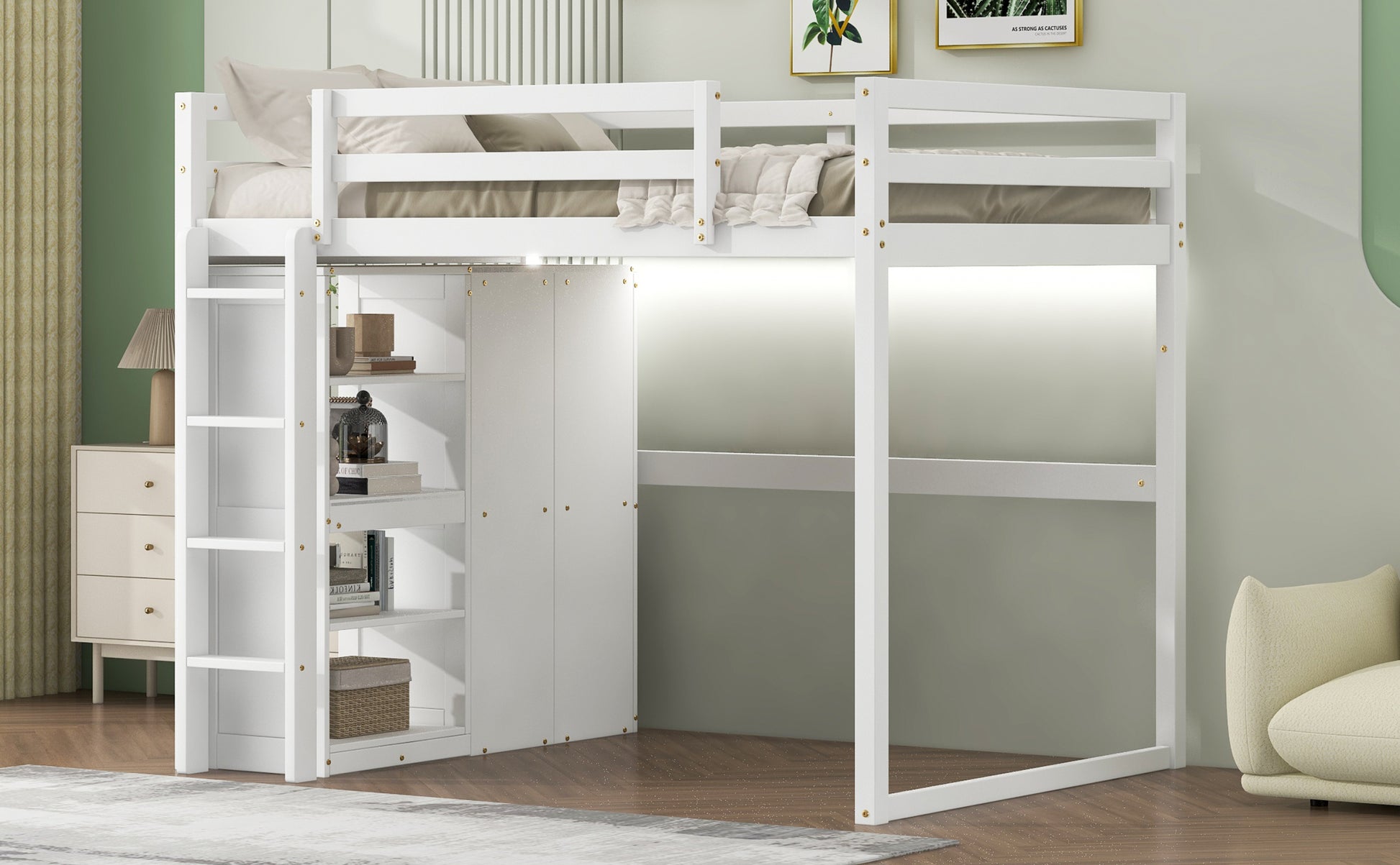 Wood Full Size Loft Bed With Built In Wardrobe And Storage Shelves, Led Light, White Box Spring Not Required Full White Wood Bedroom Bed Frame Solid Wood Mdf