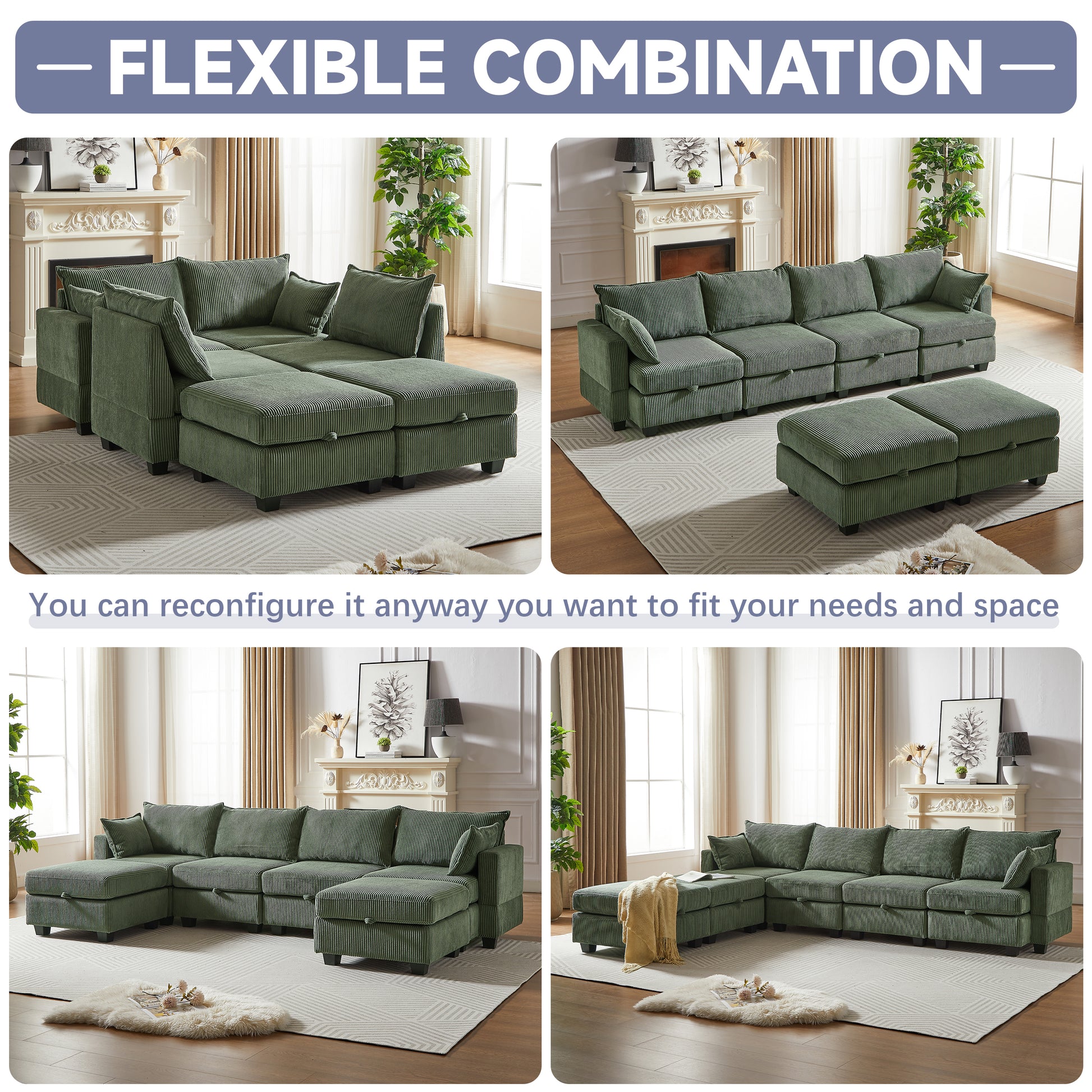 113.5'' Modular Sectiona Corduroy Sofa, Sectional Couches For Living Room U Shaped Sectional Couch With Storage Ottoman, 6 Seats Convertible Sectionals With Chaise Green Corduroy 6 Seat