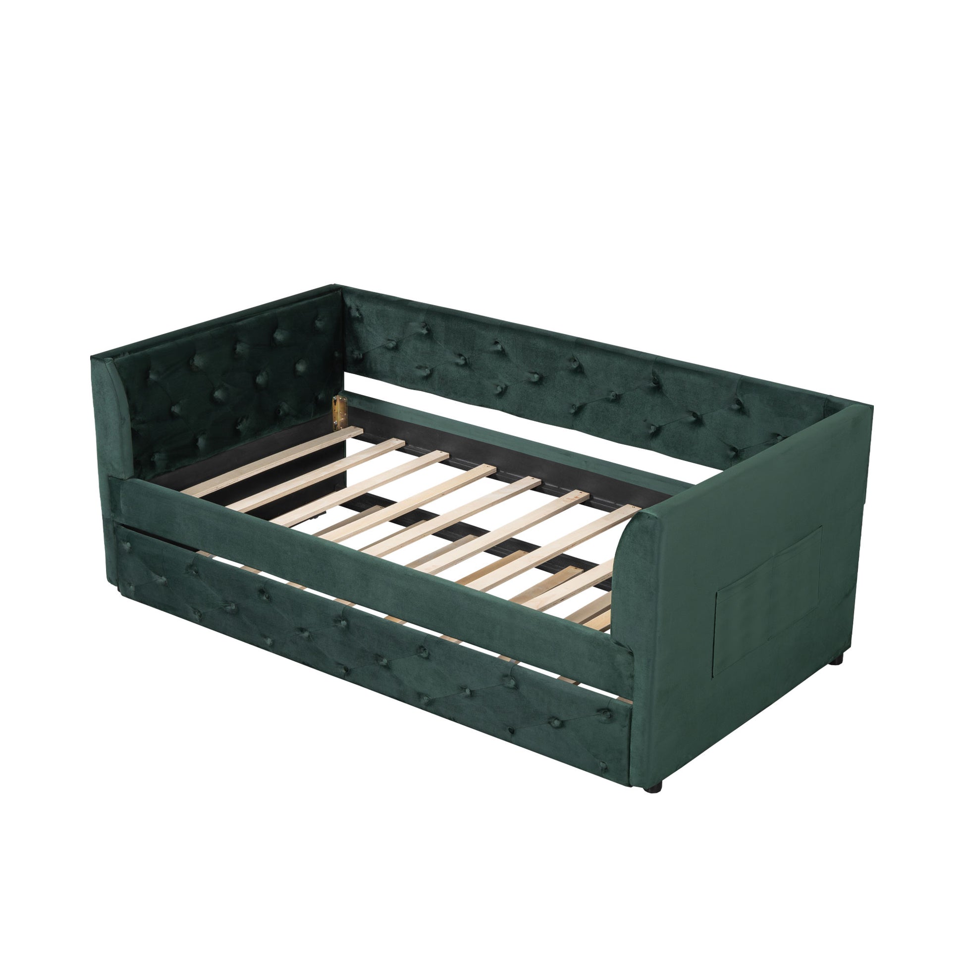 Twin Size Upholstered Velvet Tufted Daybed With Trundle, Green Box Spring Not Required Twin Green Wood Daybeds Velvet Solid Wood Mdf,Velvet