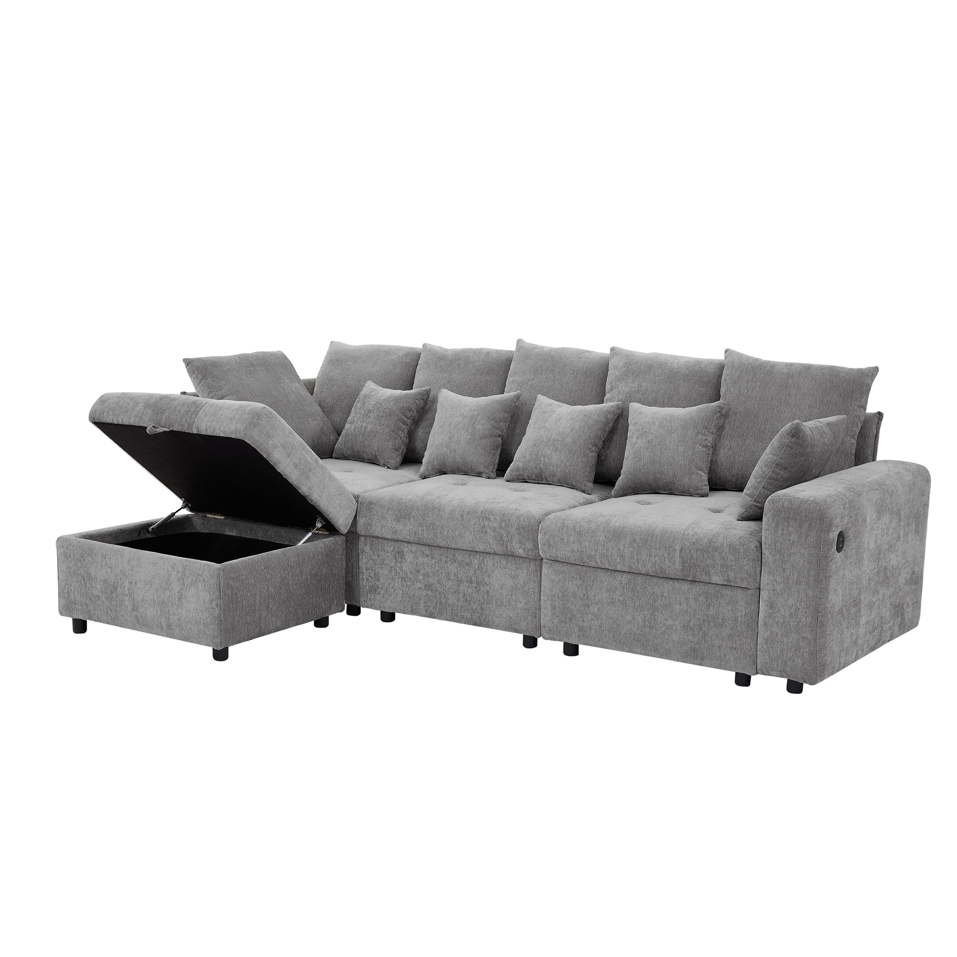 96.45"Sectional Sofa Modular Sofa Couch With Three Usb Ports, A Removable Storage Ottoman And Five Back Pillows For Living Room, Grey Grey Foam Chenille 4 Seat