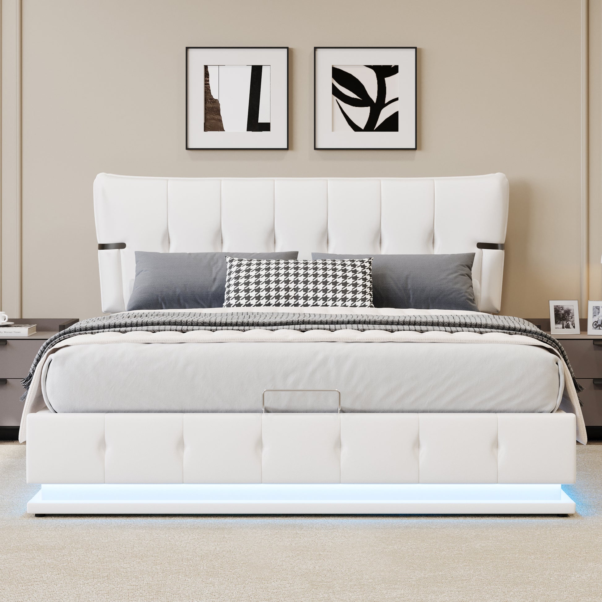 Upholstered Platform Queen Size Hydraulic Storage Bed, Lift Up Storage Bed With Rgb Led Light, Pu Leather Headboard And Footboard, No Box Spring Needed, White Queen White Wood Metal