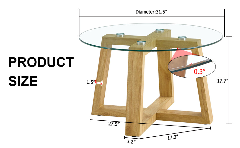 Modern Practical Circular Coffee Tables. Made Of Transparent Tempered Glass Tabletop And Wood Colored Mdf Material. Suitable For Living Rooms And Bedrooms.31.5"*31.5"*17.7" Transparent Glass