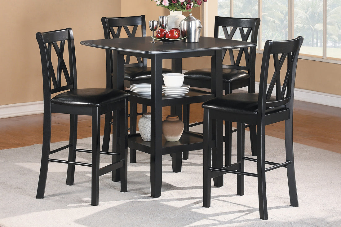 Black Finish 5Pc Counter Height Set Dining Counter Height Table With Lower Shelves And 4X Chairs Set Faux Leather Upholstered Kitchen Dining Furniture Wood Wood Black Seats 4 Wood Dining Room 4 Leg Square Dining Table With Chair Wood