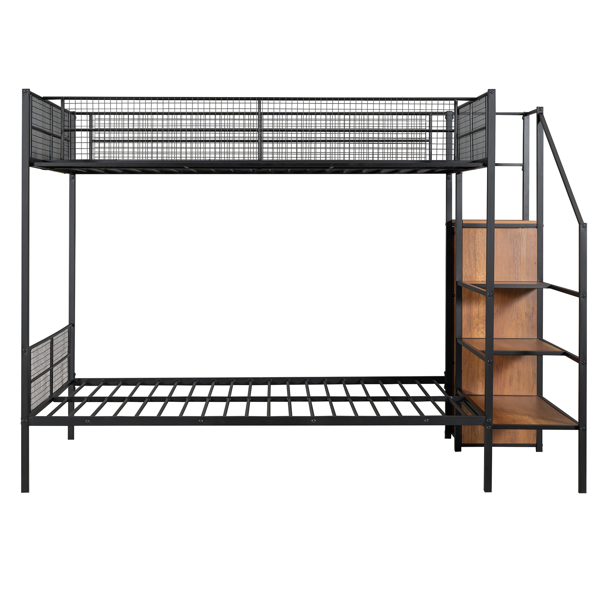 Twin Over Full Metal Bunk Bed With Wire Shelving And Lateral Storage Ladder And Wardrobe, Black Black Metal