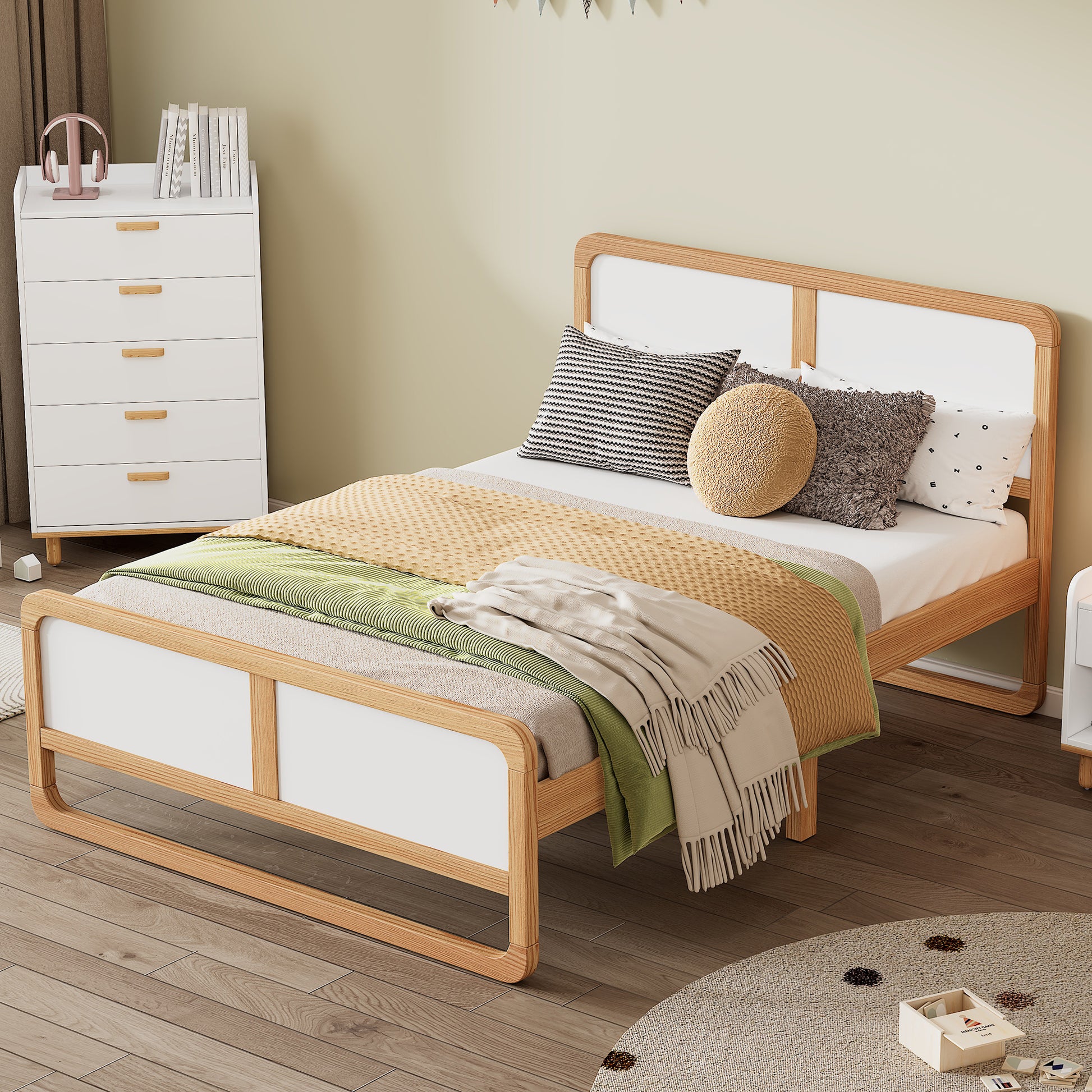 Modern Style Queen Size Solid Wood Platform Bed For Kids, Teens, Adults, No Need Box Spring, Walnut And White Box Spring Not Required Queen White Walnut Wood Bedroom Modern Pine Bed Frame Wood