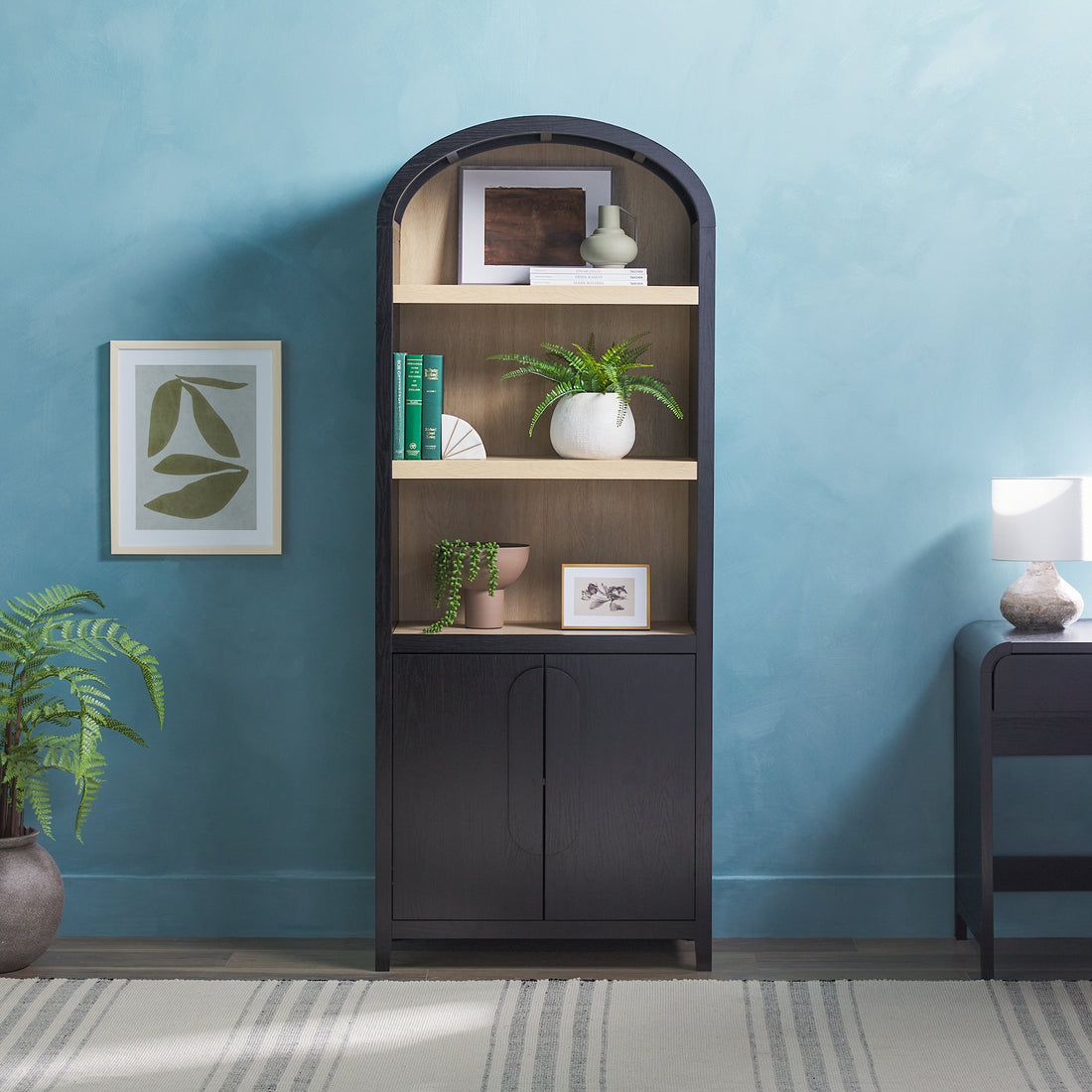 Modern 3 Shelf Open Arched Bookcase Cabinet Black Black Mdf Mdf