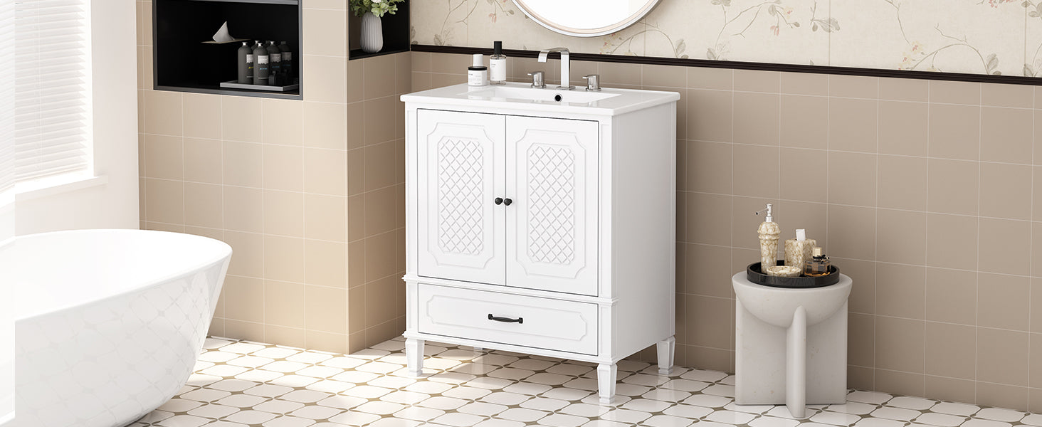 30" Bathroom Vanity With Sink Vintage Style, Multi Functional Storage Space, Door Shelf, Soft Closing Door, White White Acacia Wood,Ceramic Mdf