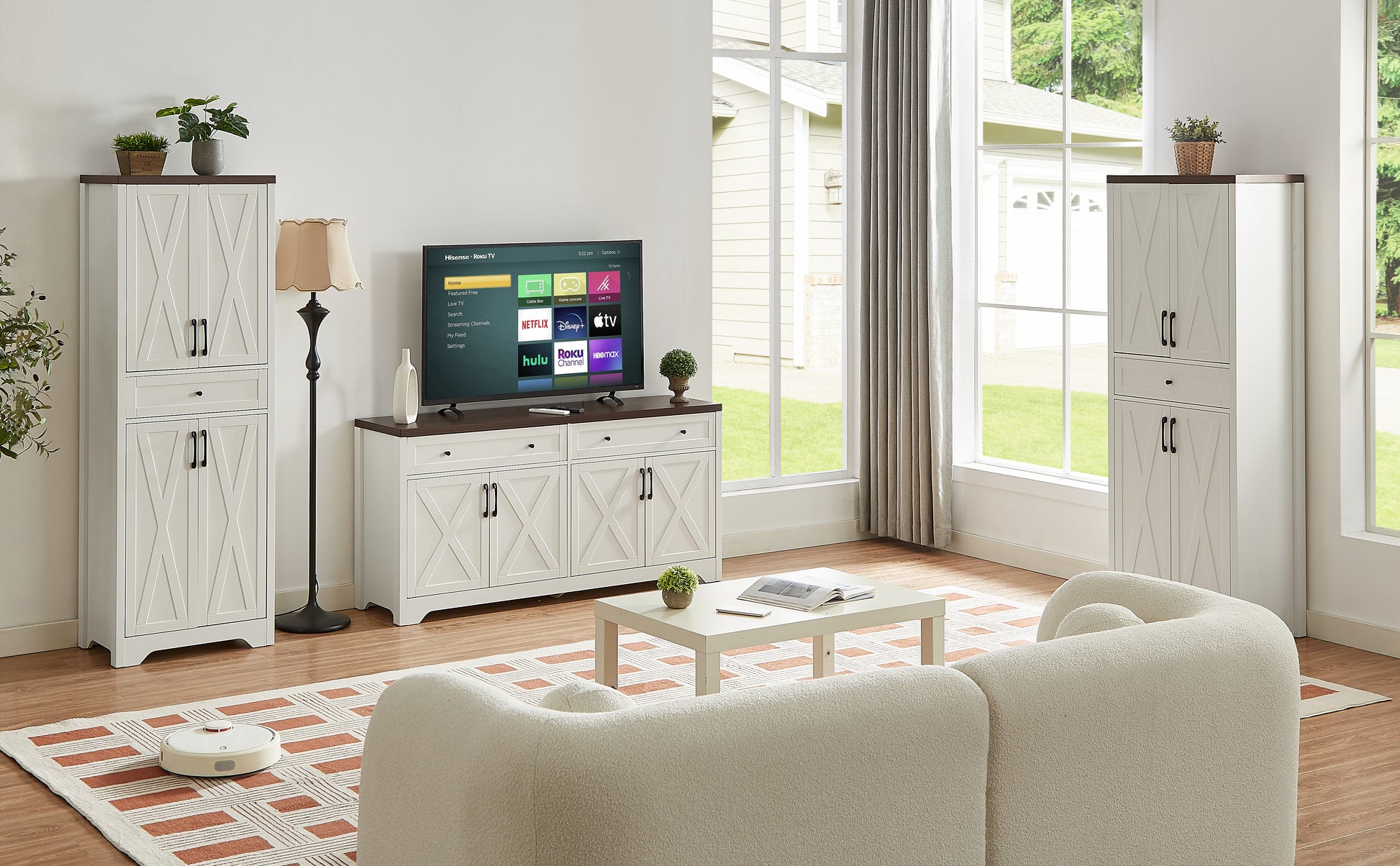 Tv Cabinet Combination Multifunctional Tv Wall For Living Room, White, 100'' X 15.7'' X 78.7''. White Walnut 60 69 Inches Particle Board Mdf