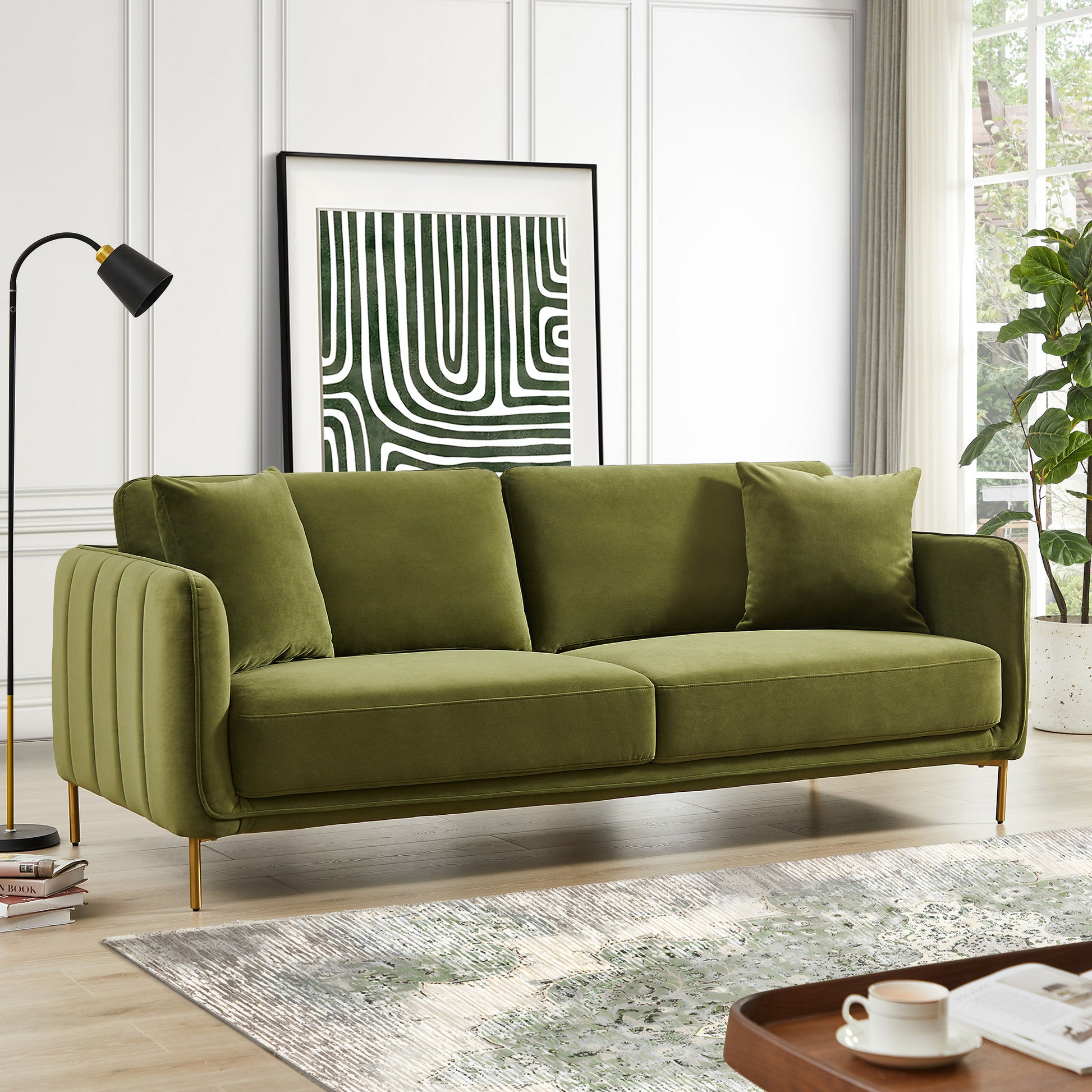 Danton Olive Green Velvet Sofa Gold,Green,Olive Green Nature Velvet Wood Primary Living Space Mid Century Modern Foam Altay Velvet,Metal 3 Seat