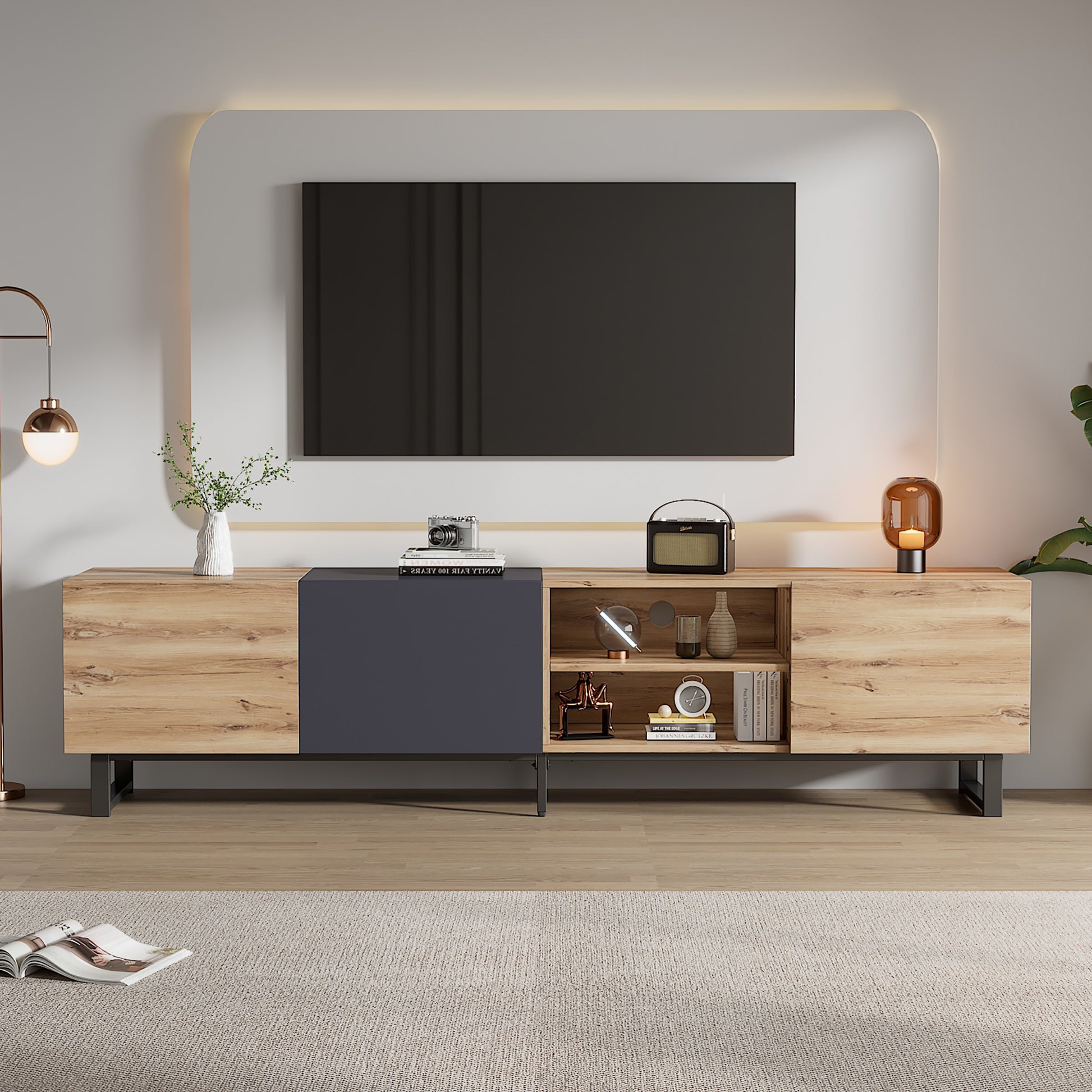 Modern Tv With 3 Cabinets& Open Shelves, Color Matching Media Console Table For Tvs Up To 80'', Entertainment Center With Drop Down Door For Living Room, Bedroom, Home Theatre Wood Brown Primary