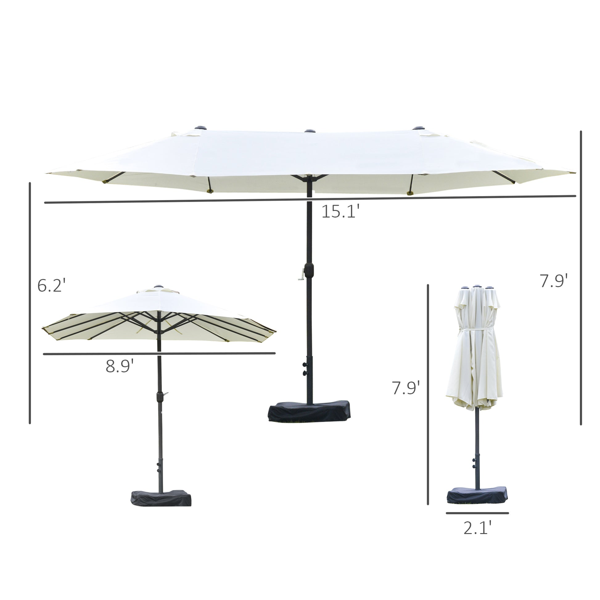 Outsunny Patio Umbrella 15' Steel Rectangular Outdoor Double Sided Market With Base, Sun Protection & Easy Crank For Deck Pool Patio, Beige Beige Steel