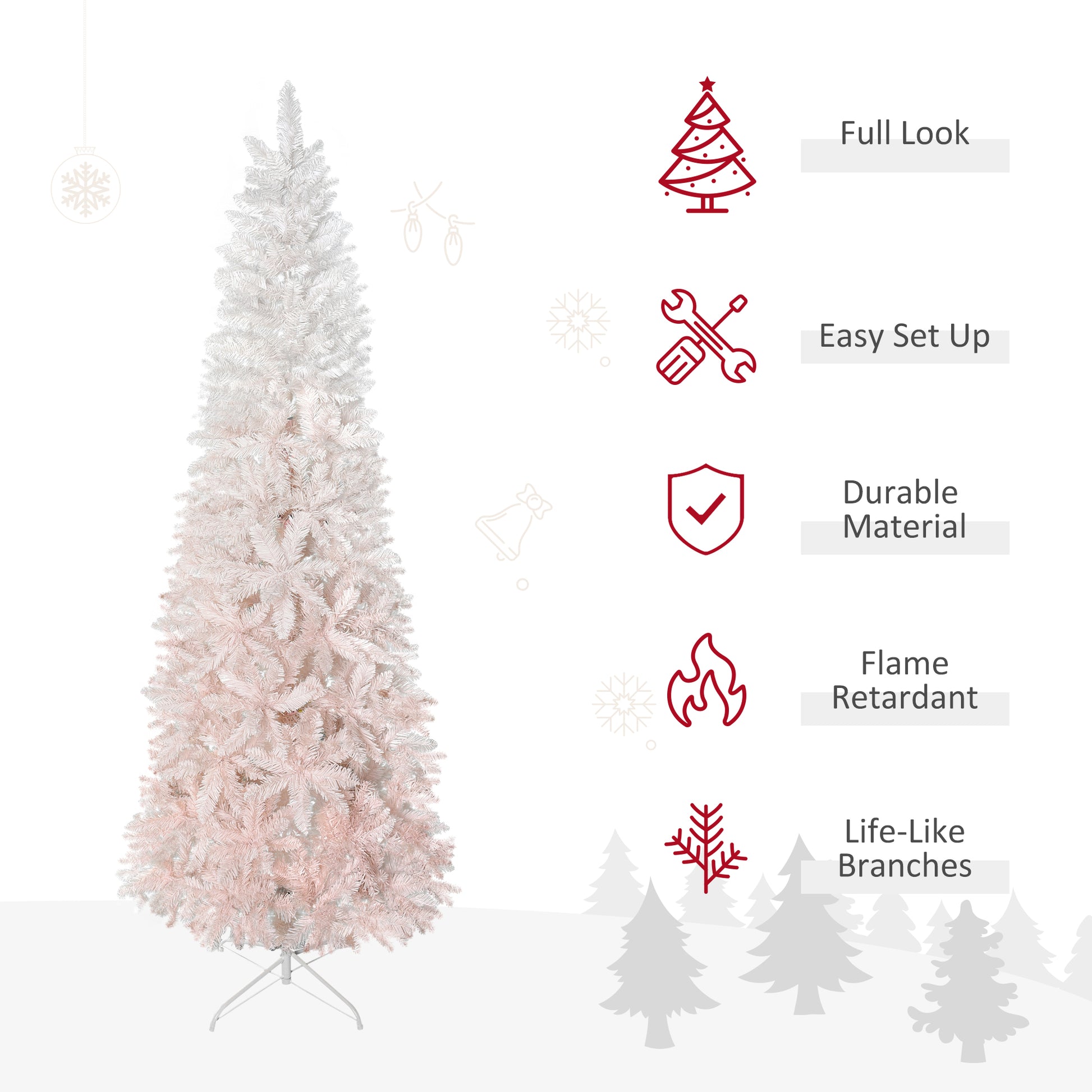 Homcom 6' Tall Unlit Pencil Fir Artificial Christmas Tree With Realistic Branches And Steel Base, Pink And White Pink Pvc