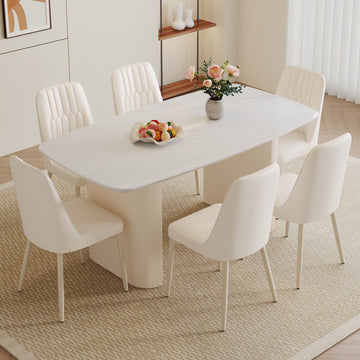 Table And Chair Set.67*35.4 Cream Style Mdf White Dining Table Set With 6 Cream Style Chairs.Adding A Warm And Gentle Atmosphere To Your Family.Creating A Comfortable And Friendly Dining