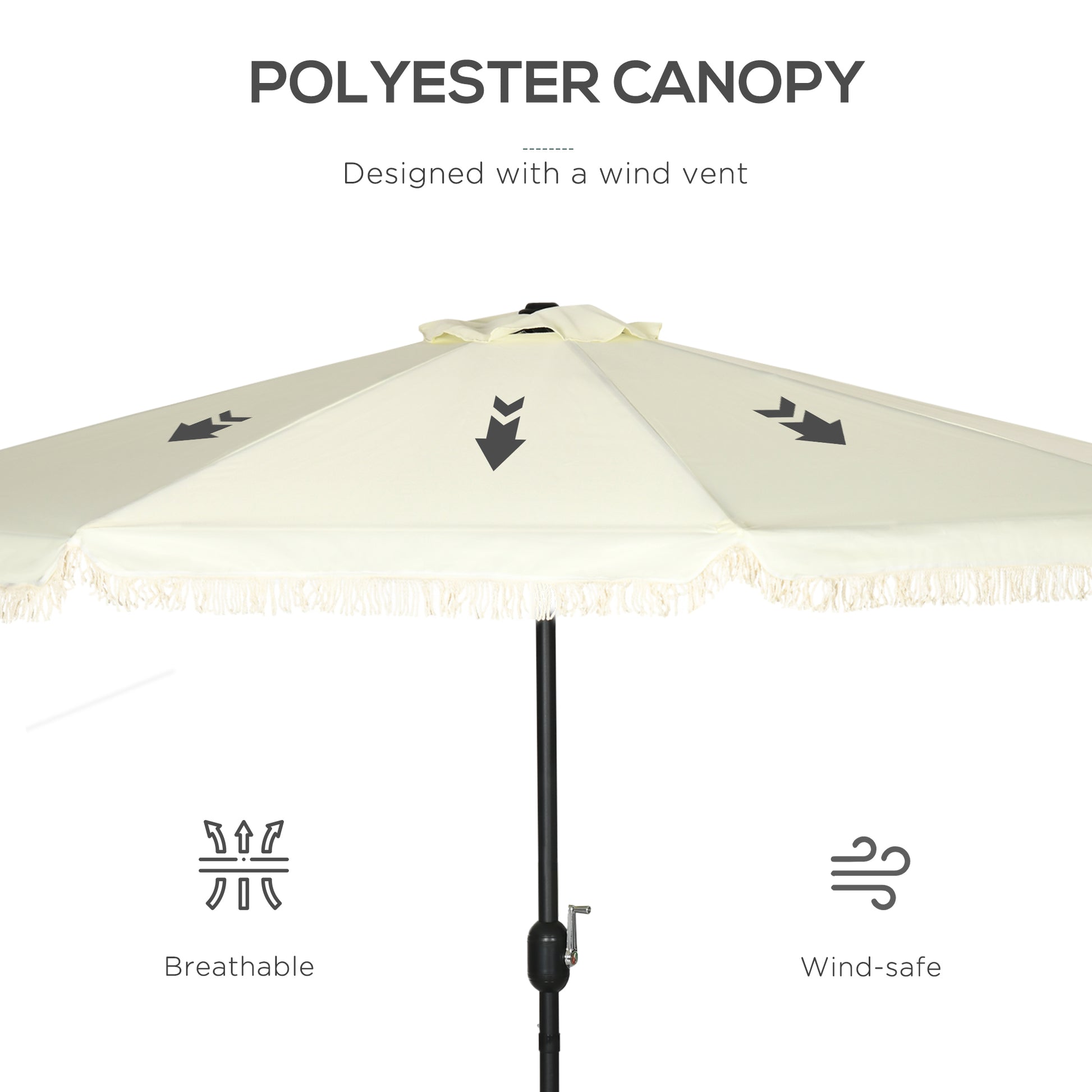 Outsunny 9Ft Patio Umbrella With Push Button Tilt And Crank, Ruffled Outdoor Market Table Umbrella With Tassles And 8 Ribs, For Garden, Deck, Pool, Cream White Cream White Polyester