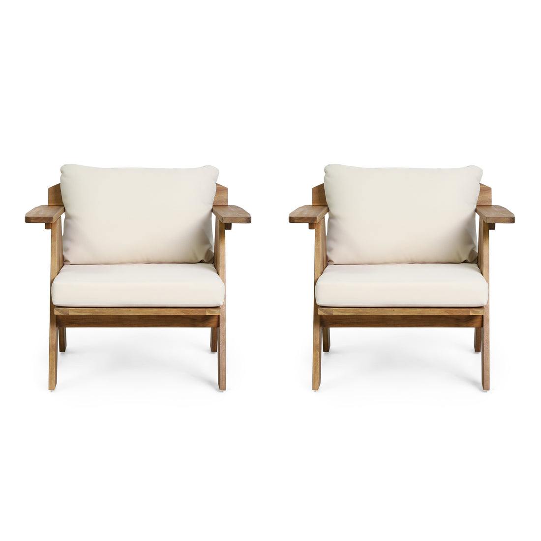 Outdoor Acacia Wood Club Chairs With Cushions Set Of 2 , Teak Finish Beige, 30.75" W X 30.25" D X 26.00" H Beige Acacia Wood