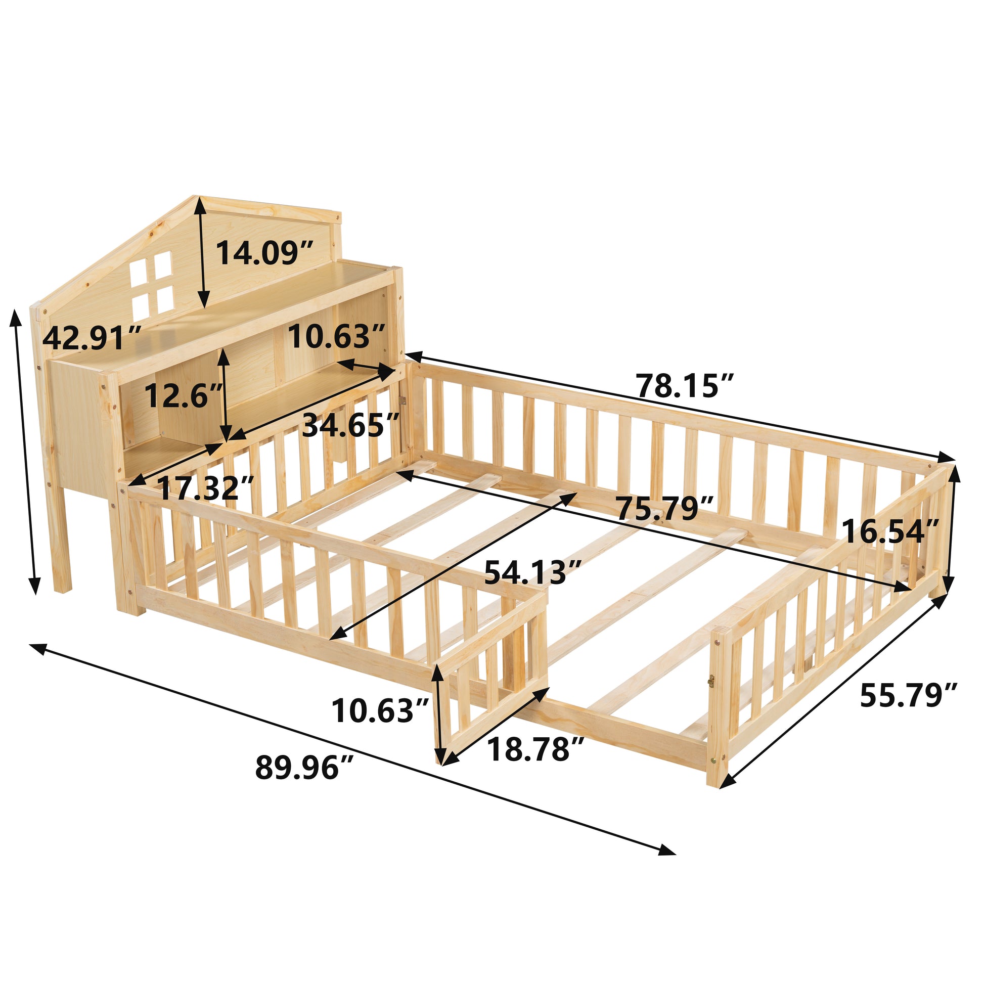 Full Size Floor Beds With Bookcases And Blackboards, Versatile Platform Beds With Guard Rails, Solid Wood Floor Beds With Storage Headboards, Floor Beds For Kids And Teens Natural Full Natural Plywood