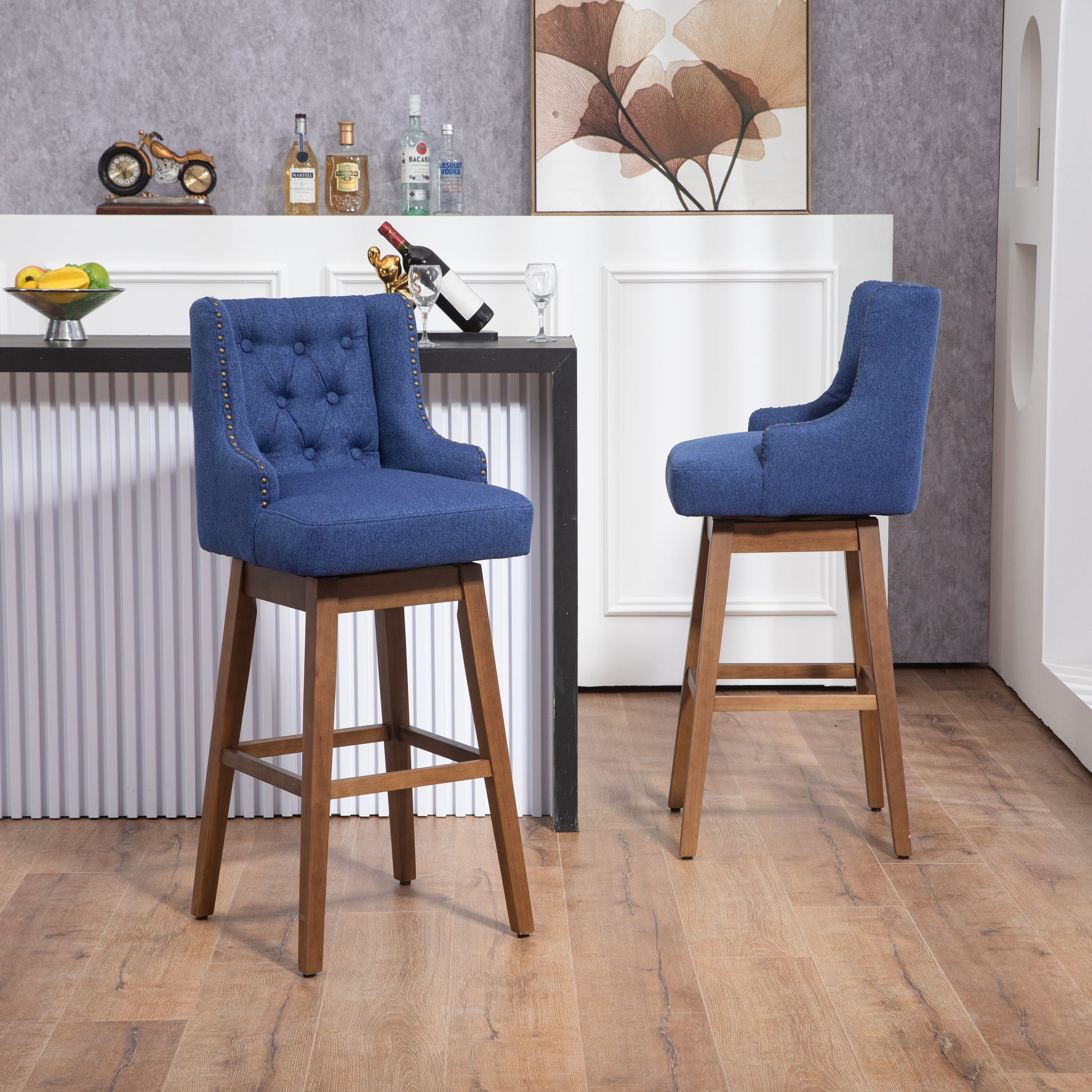 Coolmore Bar Stools Set Of 2 Counter Height Chairs With Footrest For Kitchen, Dining Room And 360 Degree Solid Wood Legs Swivel Bar Stools Set Of 2 Navy Linen Navy Foam Linen