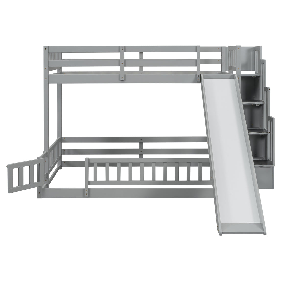 Twin Over Full Bunk Bed With Slide, Storage Staircase, Pine Solid Wooden Bunk Bed With Safety Guardrails ,Grey Grey Pine