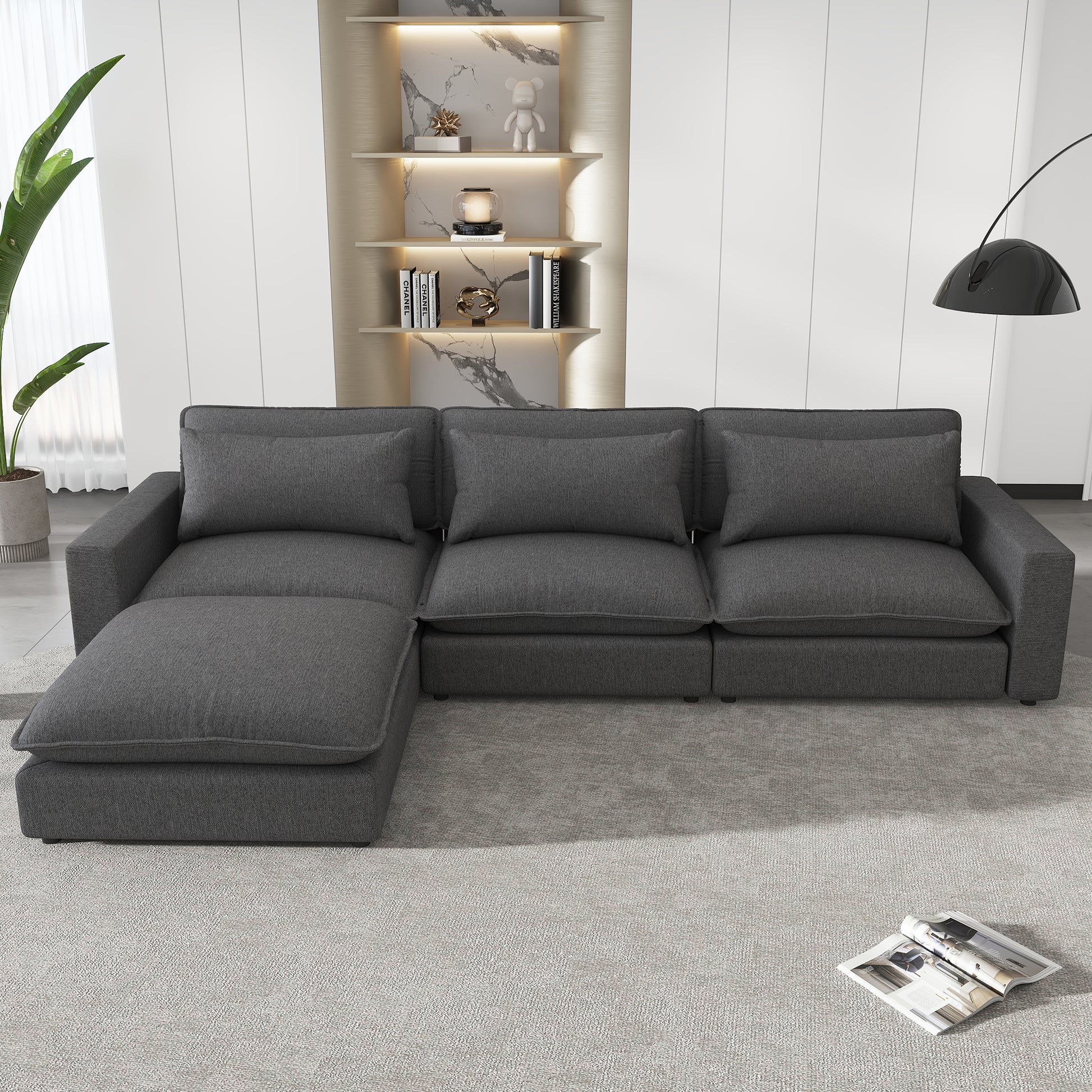 128" Sectional Sofa Cloud Sofa Chenille Upholstered Sofa Couch With Movable Ottoman, Comfortable Seat Cushions, Charging Ports And Three Back Pillows For Living Room, Grey Grey Foam Chenille 4 Seat