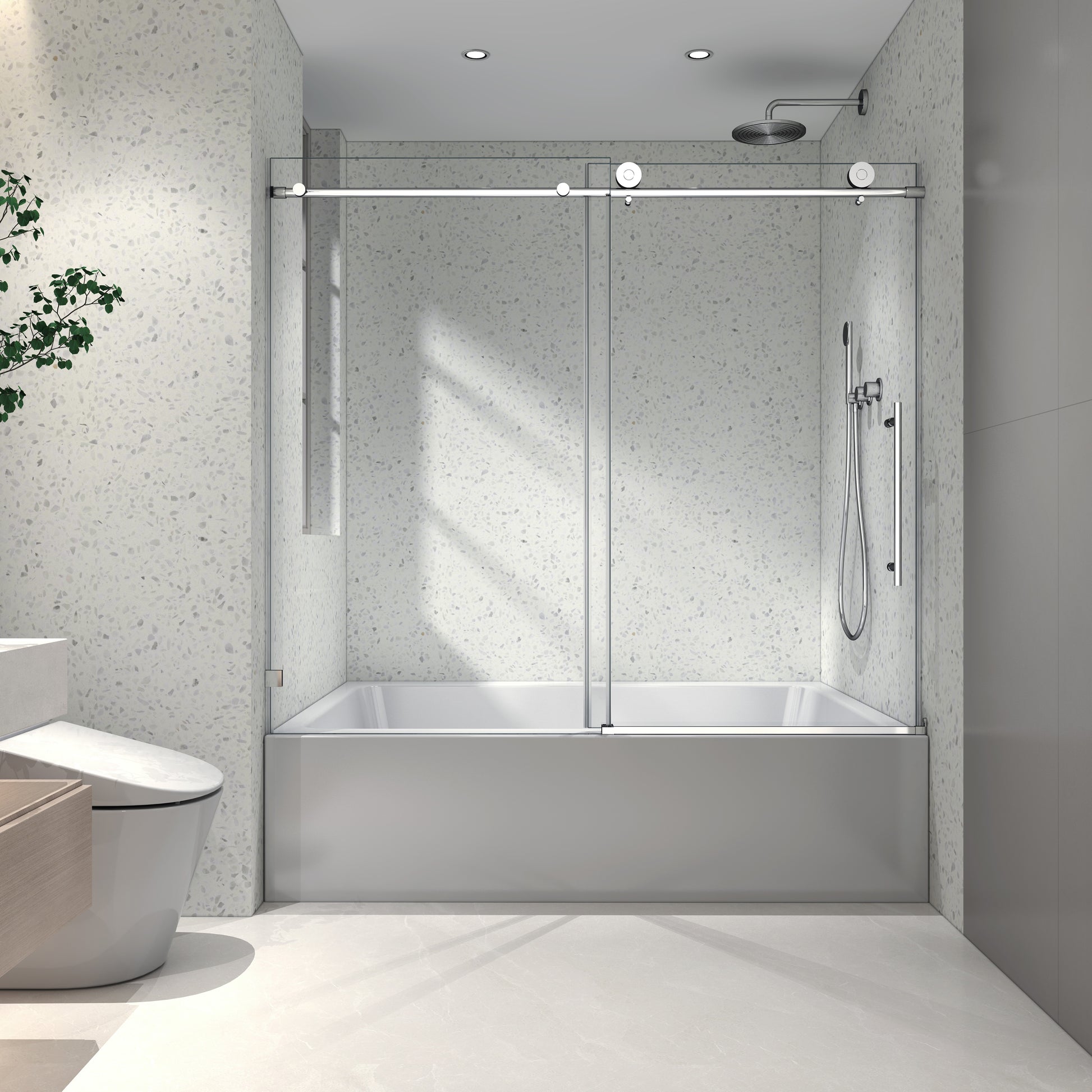 6063 Brushed Nickel Frameless One Fixed And One Shifted Shower Door,70Mm 304 Stainless Steel Large Pulleys With Adjustable Soft Closing Function,With Nano Easy Cleaning,Stick Explosion Proof Menbrance Brushed Nickel Bathroom American Design,Minimalist