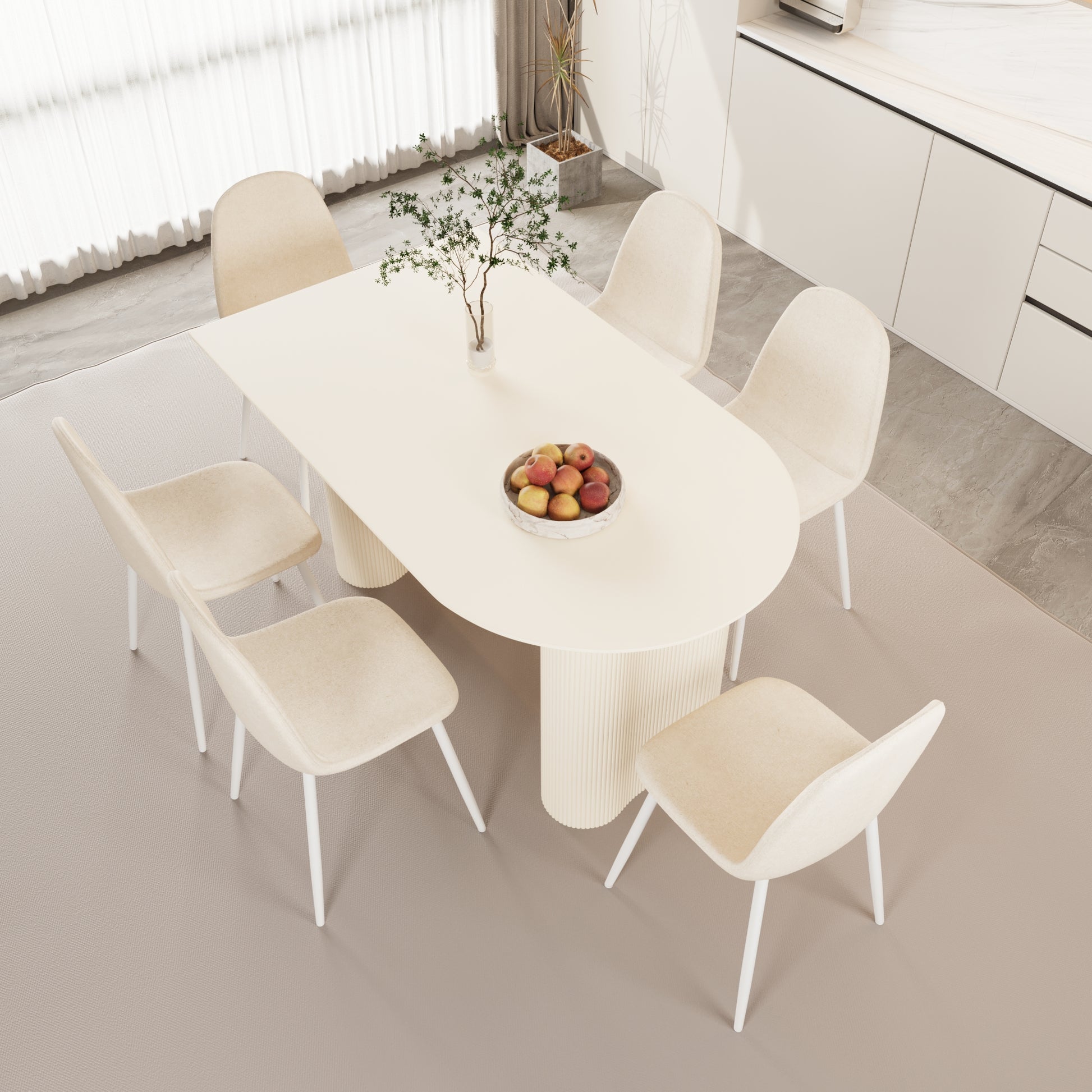 63 "Mdf Cream Style Coffee Table And Modern Dining Chair 8 Piece Set, Modern Kitchen Dining Table Set, Round Wave Table Legs, Dining Table And Round Linen Chairs Buy 6 Chairs And Get 2 Free Beige