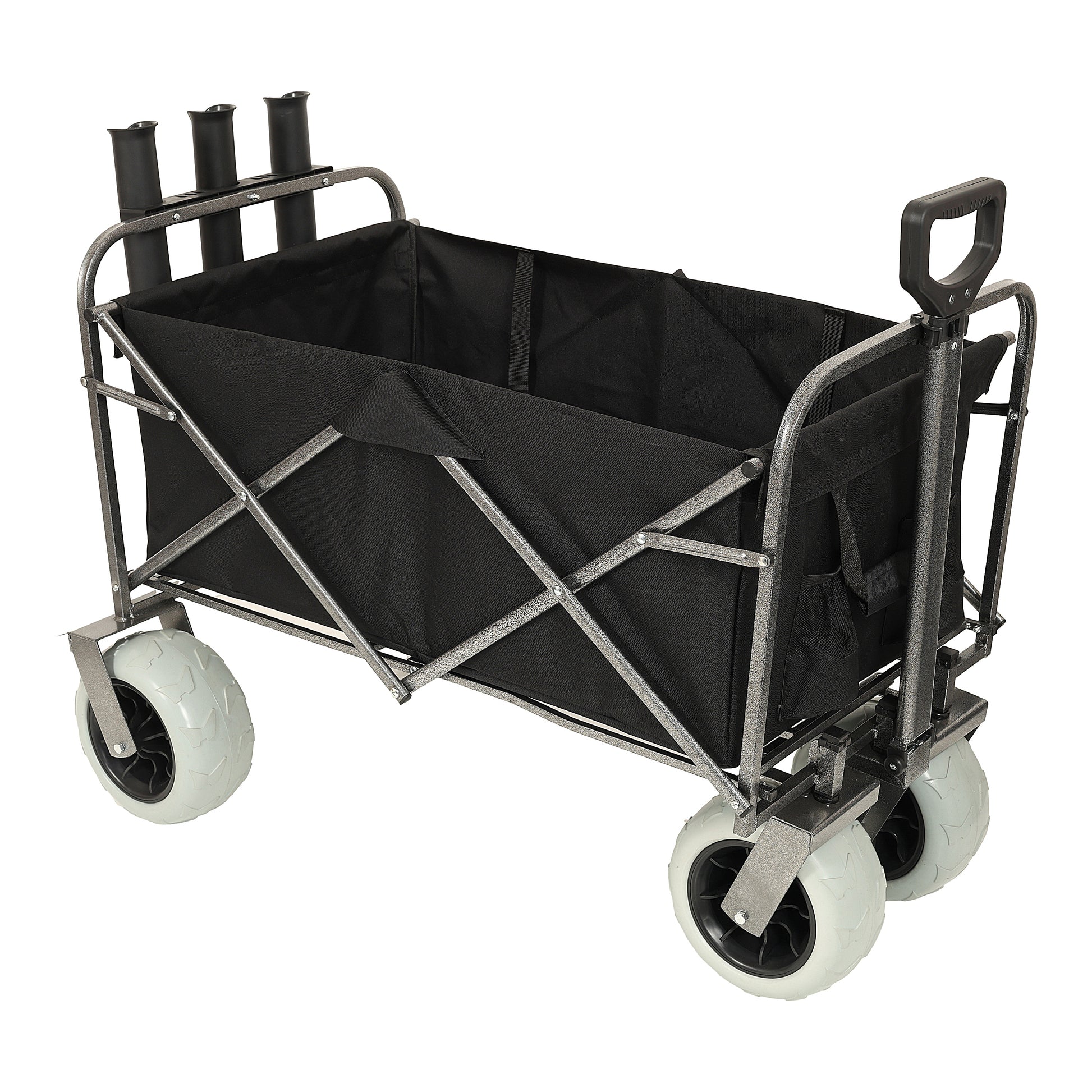 Fishing Cart With Rod Holders ,Beach Wagon With Big Wheels For Sand 500Lbs Capacity All Terrain Steel Frame Utility Cart With 9" Pneumatic Tires,Strap With Multiuse Bag ,Black Black Steel
