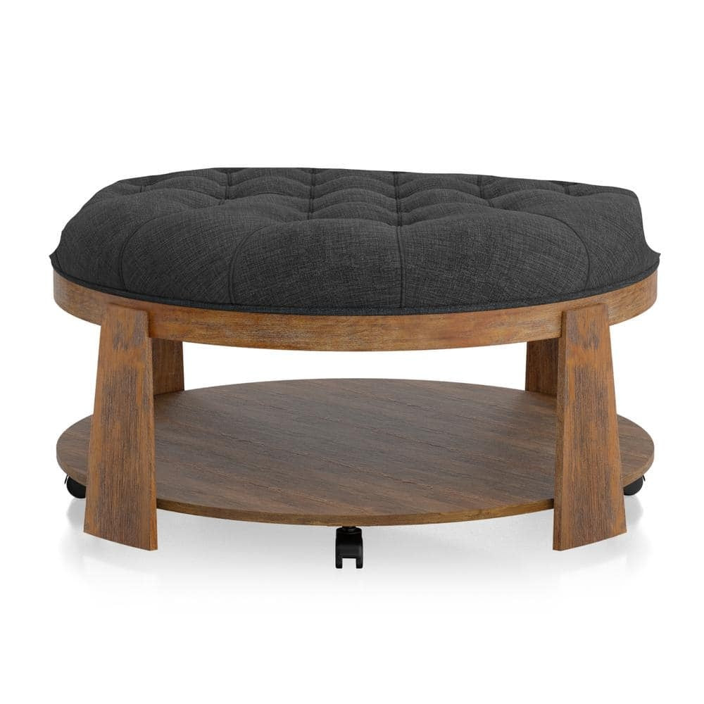 Wire Brushed Finish Natural Tone Dark Gray 1Pc Ottoman Transitional Style Deep Button Linen Like Tufted Seat Open Bottom Shelf Living Room Dark Gray Linen Primary Living Space Beige Contemporary,Rustic,Transitional Rubberwood Round Tufted Solid Wood