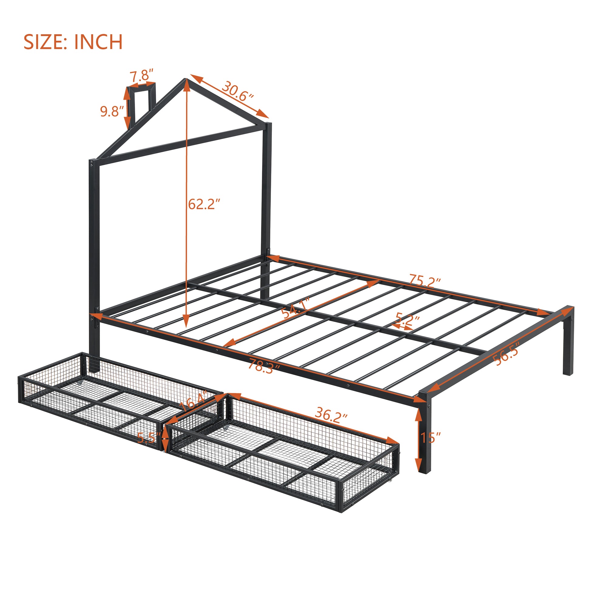 Full Size Metal Platform Bed With Two Drawers,House Shaped Headboard Design, Black Full Black Metal