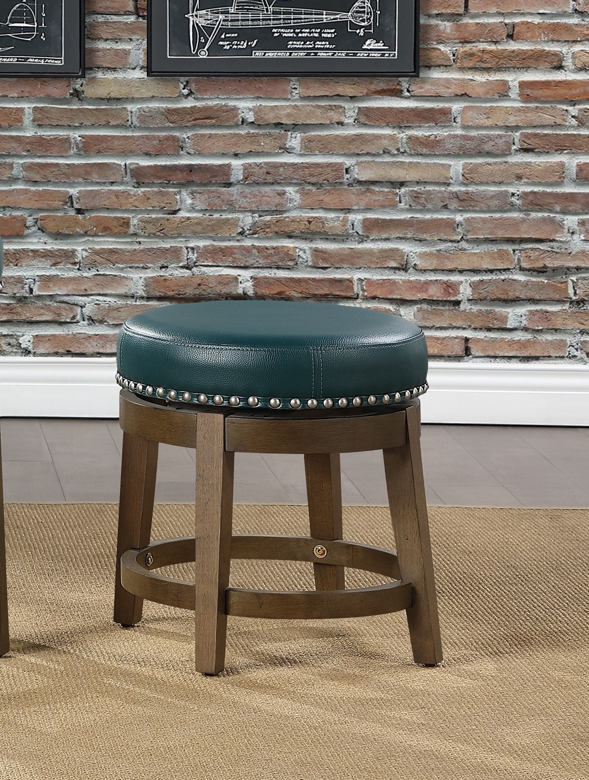 Round Swivel Stools Set Of 2, Green Faux Leather 360 Degree Swivel Seat Trim Solid Wood Frame Brown Finish Furniture Brown Green Dining Room Round Solid Wood