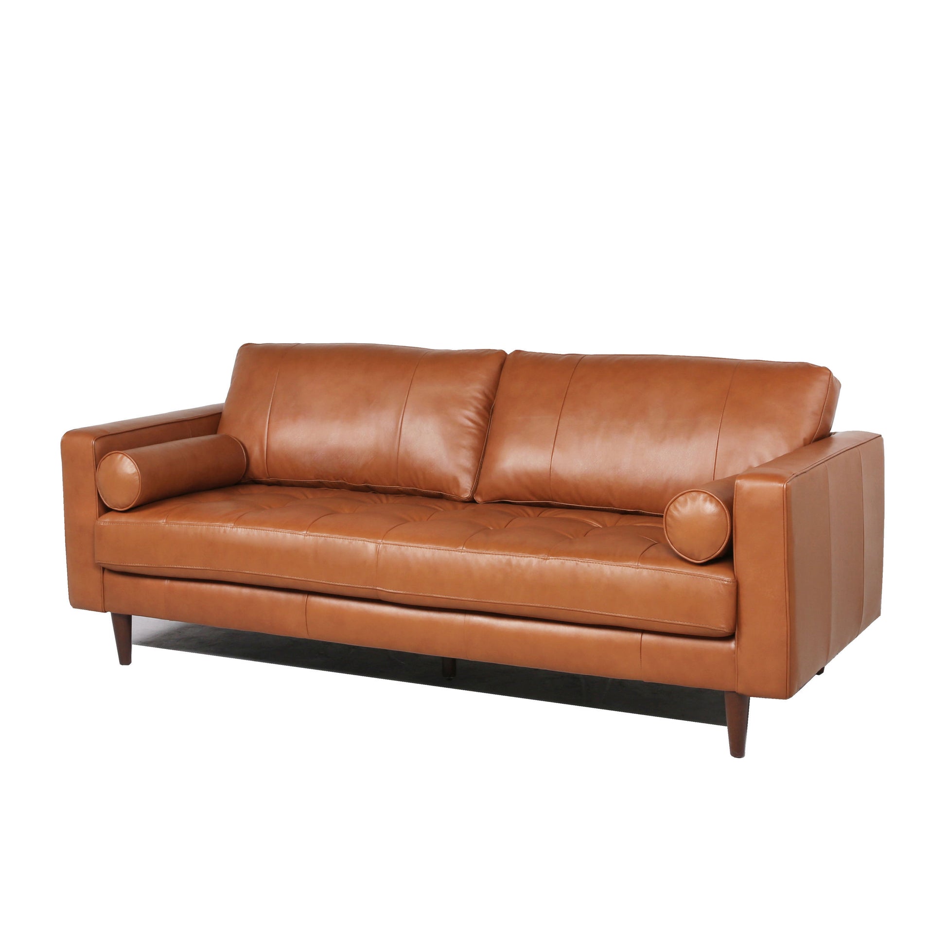 Mid Century Tufted Leather Sofa Cognac Leather 3 Seat