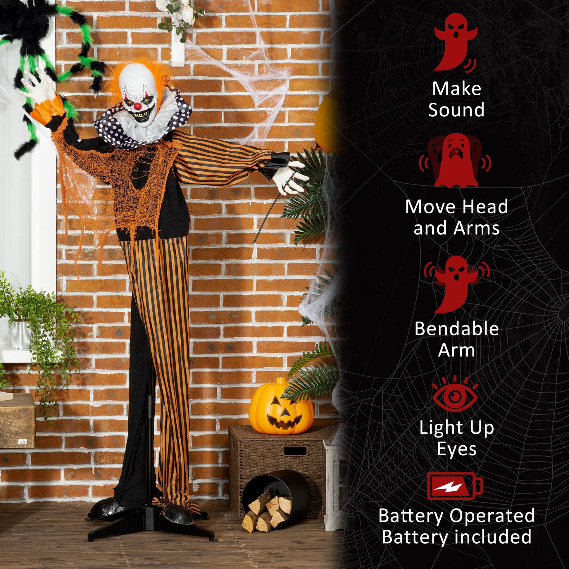 Outsunny 65" Life Size Outdoor Halloween Decorations Talking Circus Clown With A Balloon, Animated Prop With Sound And Motion Activated, Light Up Eyes, Laughter Multicolor Polyester