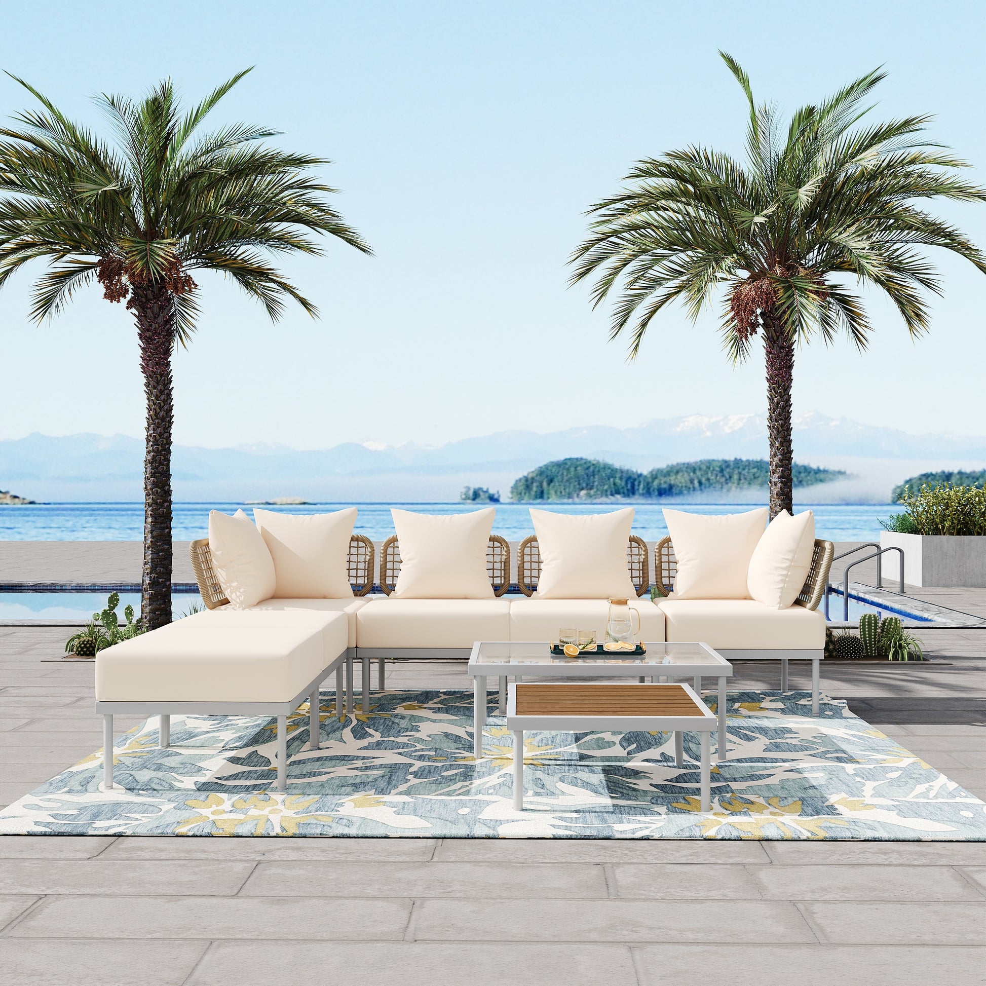 8 Piece Patio Sectional Sofa Set With Tempered Glass Coffee Table And Wooden Coffee Table For Outdoor Oasis, Garden, Patio And Poolside Beige Cushion White Steel Beige Iron