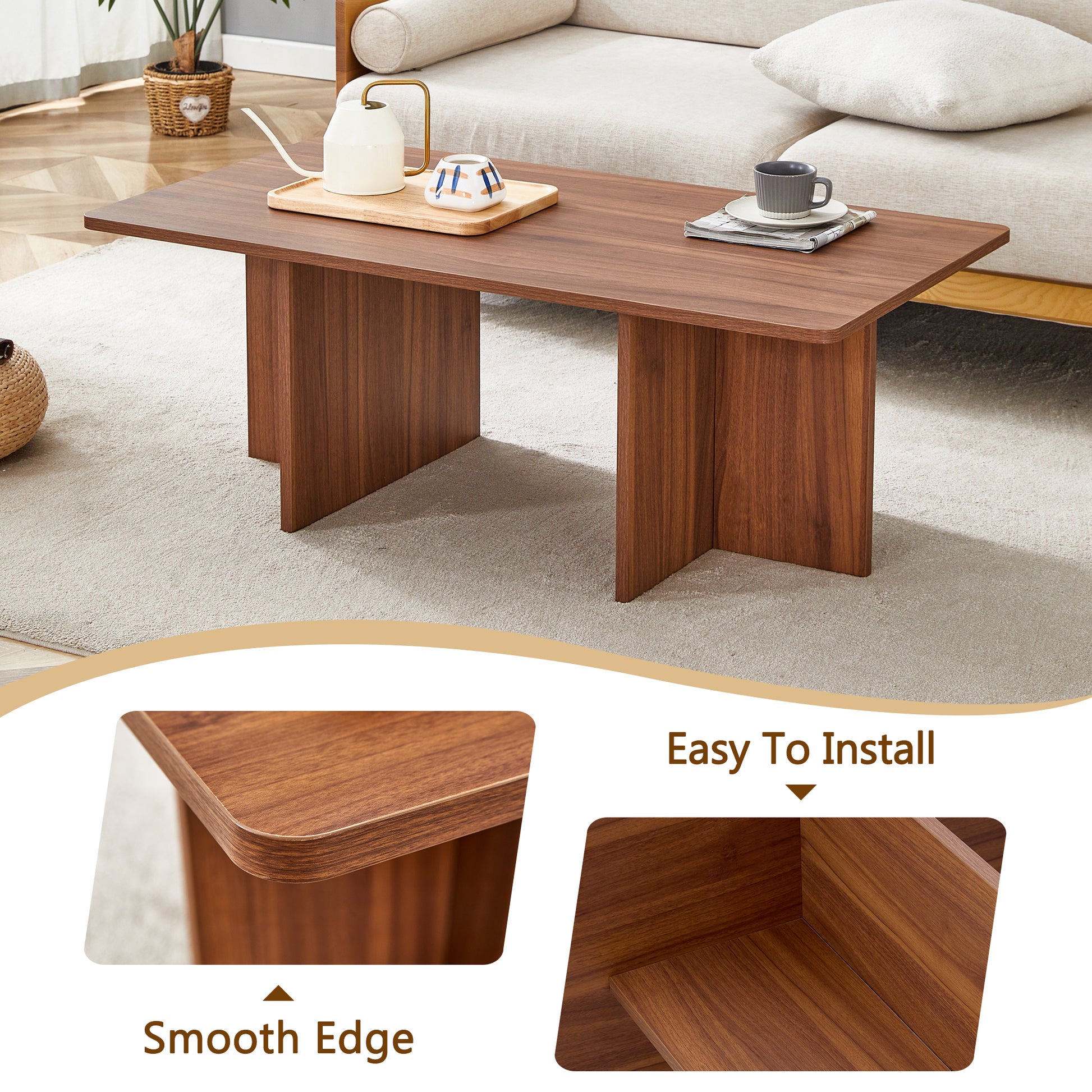 44.8 Inch Walnut Wood Grain Mdf Coffee Table Modern Luxury, Stable Triangular Support.The Coffee Table Is Made Of Medium Density Fiberboard Material And Is Suitable For Living Rooms, Bedrooms,Etc.