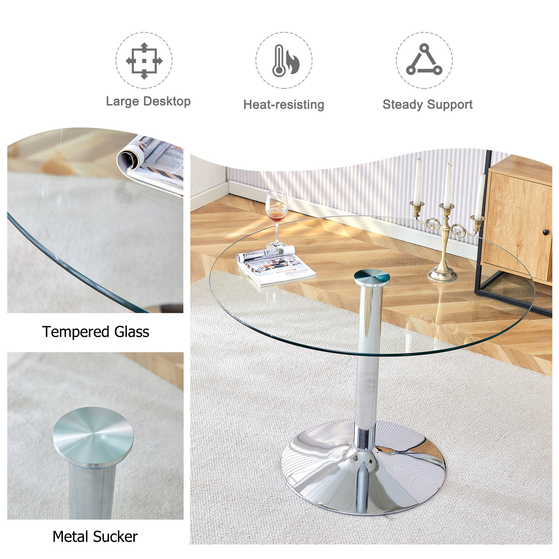 A Glass Tabletop With A Diameter Of 39.7 Inches And A Modern Minimalist Circular Dining Table With Electroplated Silver Metal Legs. Suitable For Restaurants, Living Rooms, And Conference Rooms.Dt