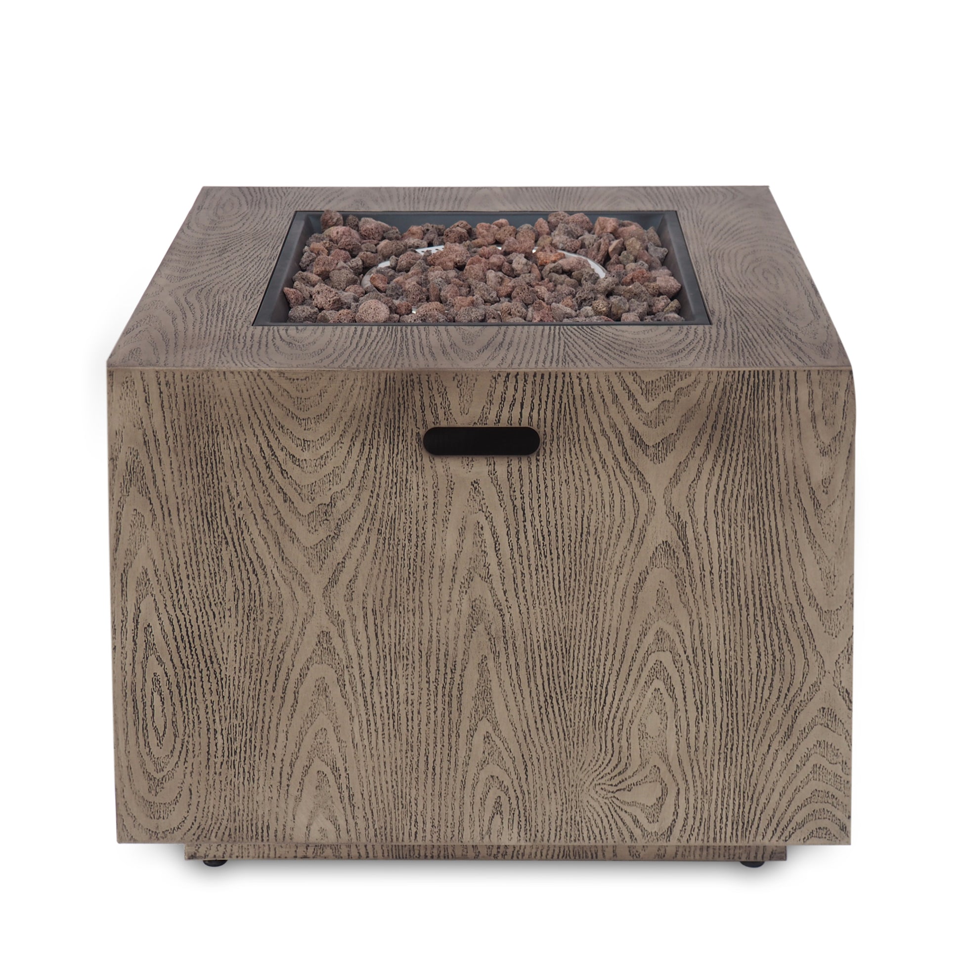 Outdoor Patio Gas Burning Fire Pit 50, 000 Btu Tank Inside, Square, Iron Wood Pattern, Brown Wood Iron