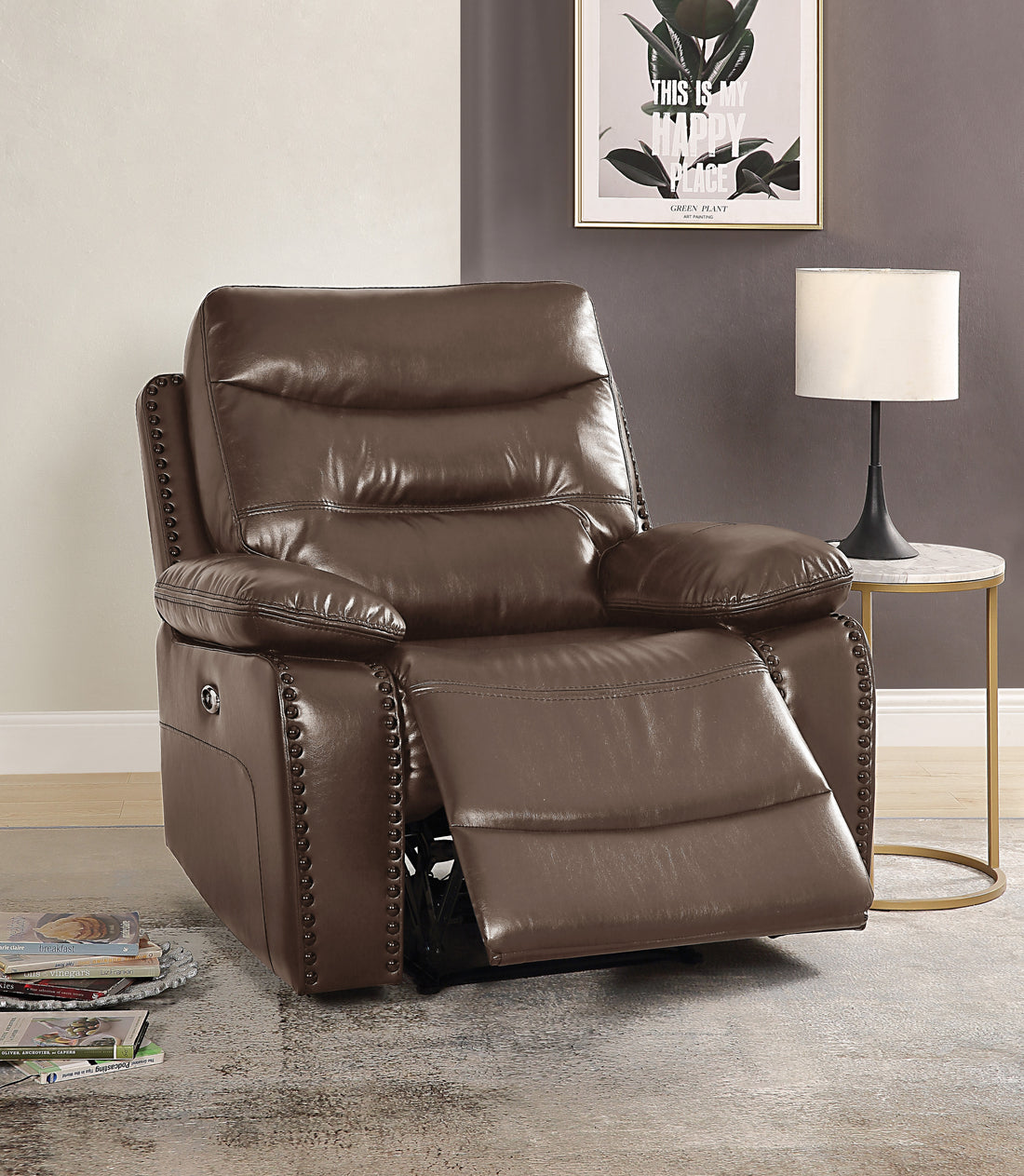 Brown Power Recliner With Pillow Top Arm Brown Genuine Leather Power Push Button Metal Primary Living Space Tight Back Push Button Pillow Top Arms Wood Fabric