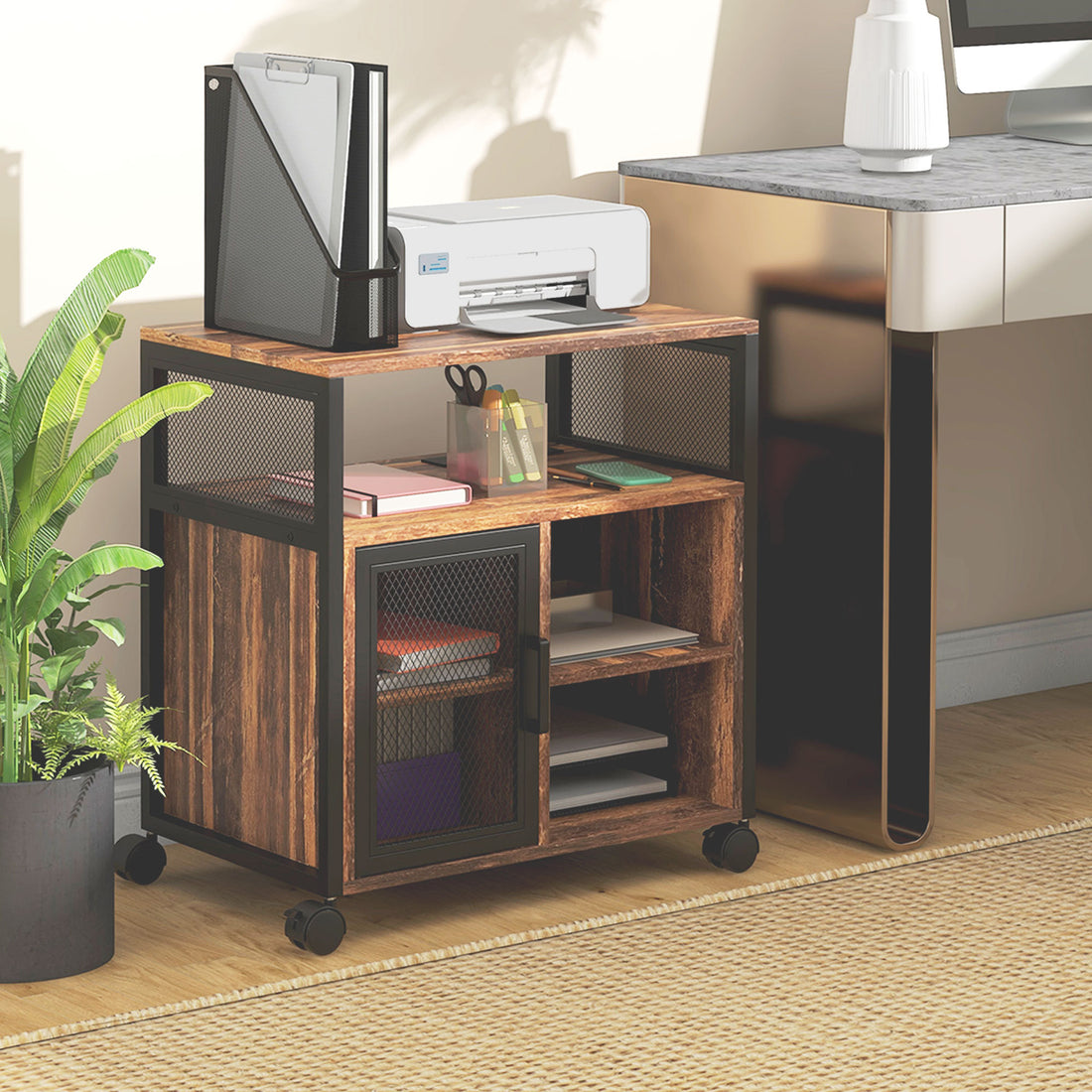 Vinsetto Mobile Printer Stand With Socket & Usb Ports, Rustic Brown Rustic Brown Particle Board