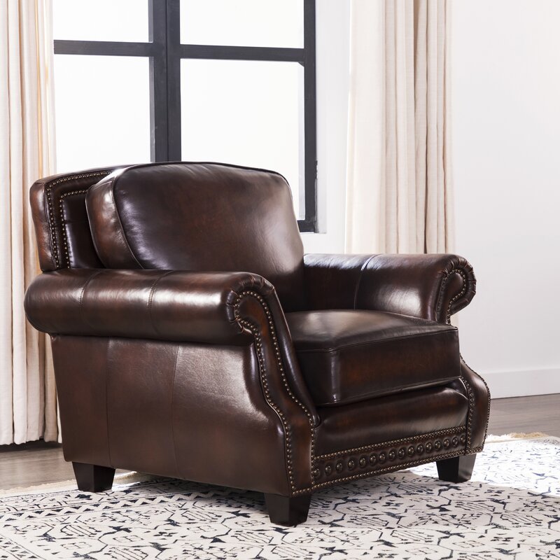 Traditional Roll Arm Leather Chair Brown Leather